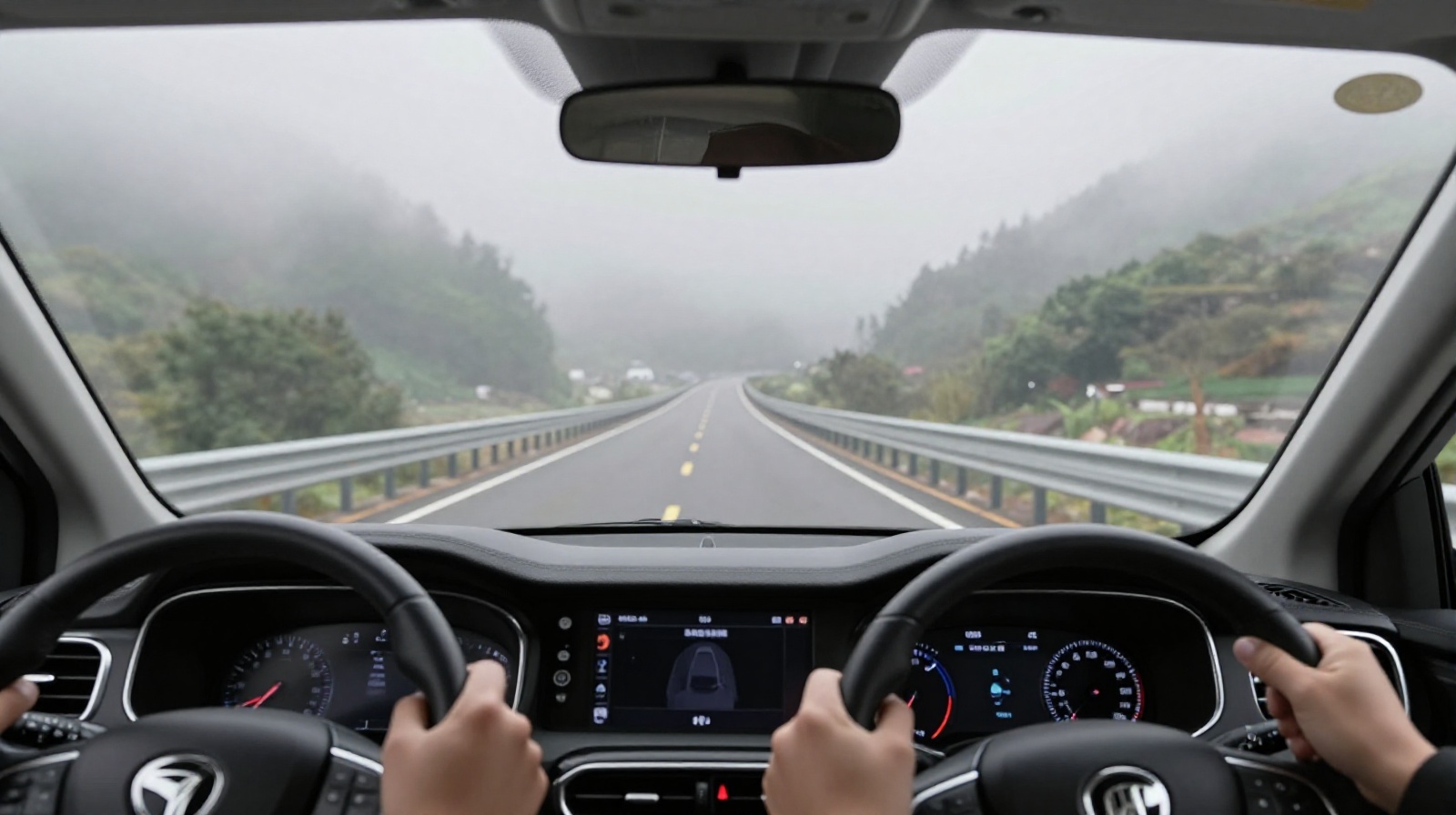 Driver's perspective from inside a car crossing a cloud-covered bridge with mountain peaks visible above the fog