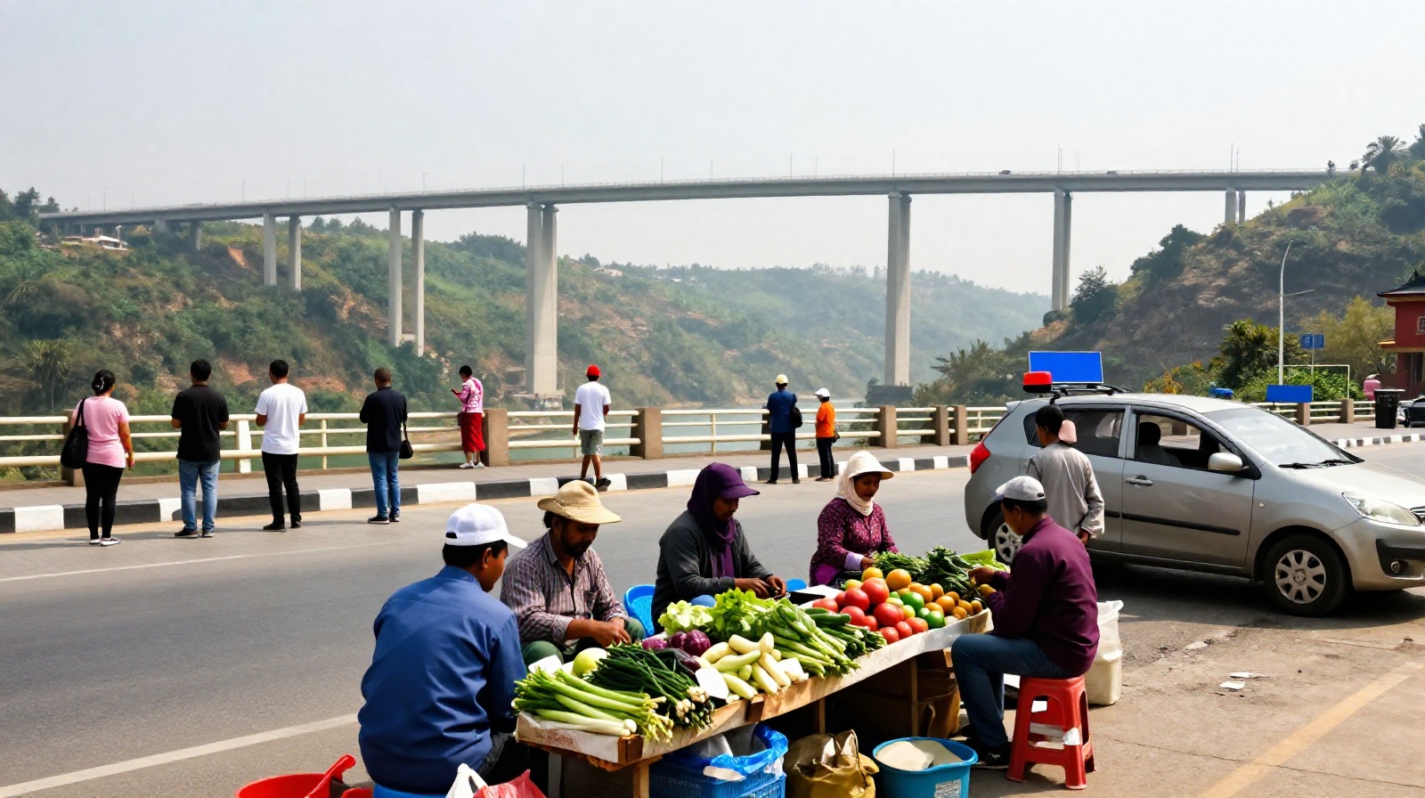 Local farmers selling fresh produce at a roadside market near a high-altitude bridge in rural China