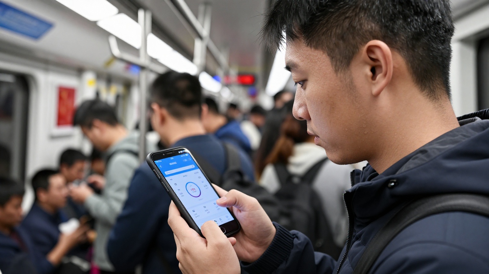 Close-up of a smartphone showing 5G network status in a busy Beijing subway train during rush hour