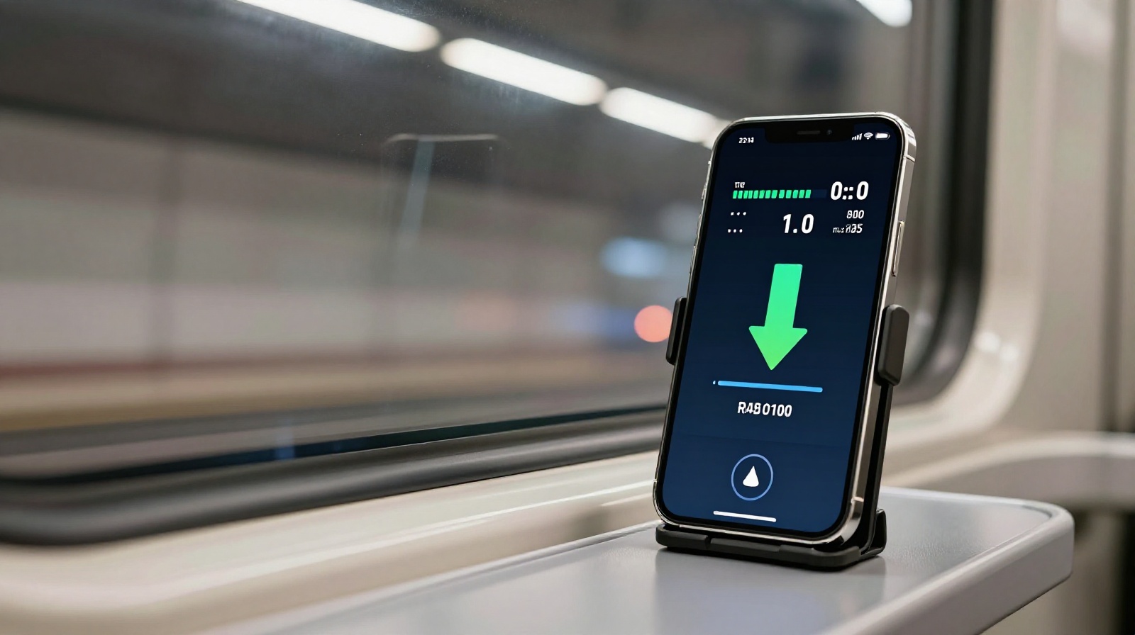 Smartphone displaying high-speed 5G connection while traveling through a subway tunnel
