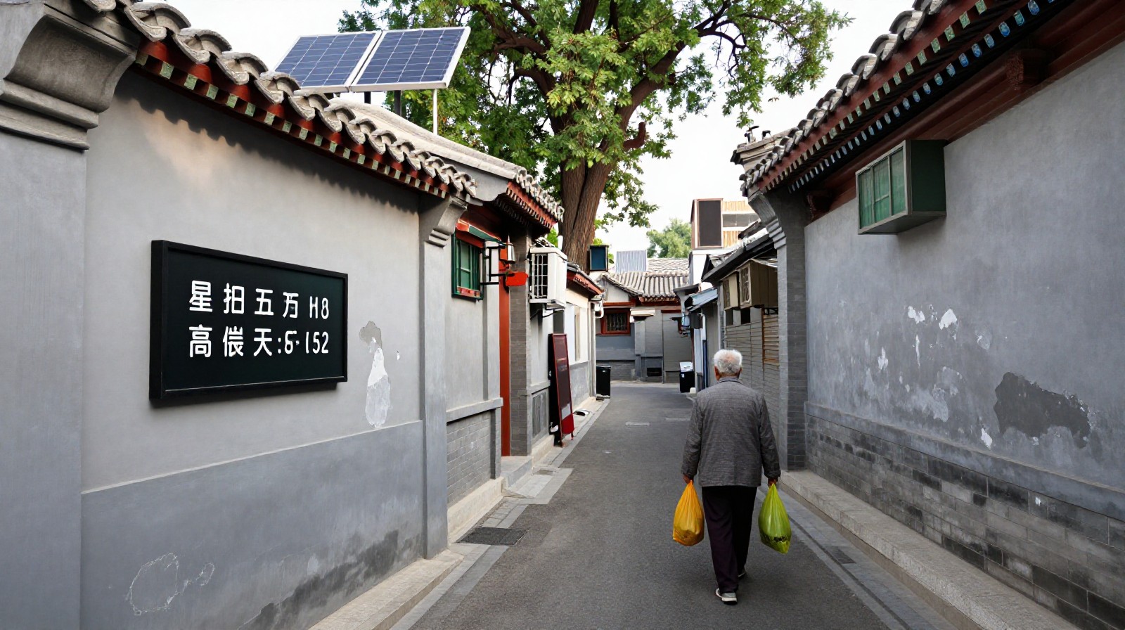 Narrow alley in a renovated Chinese old neighborhood showing contrast between weathered walls and modern technology like solar panels and digital screens