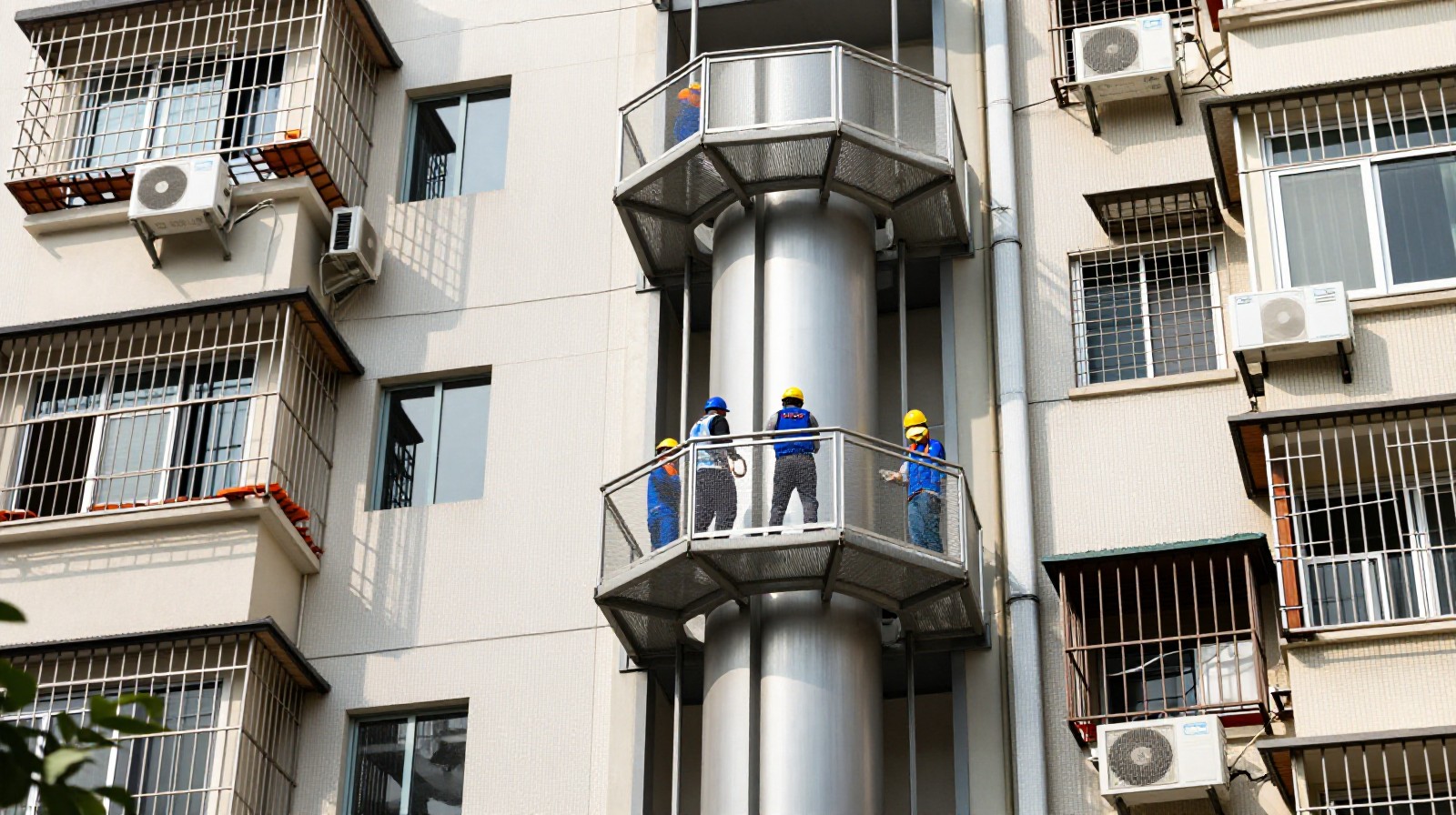Newly installed elevator on an old five-story apartment building in China helping elderly residents