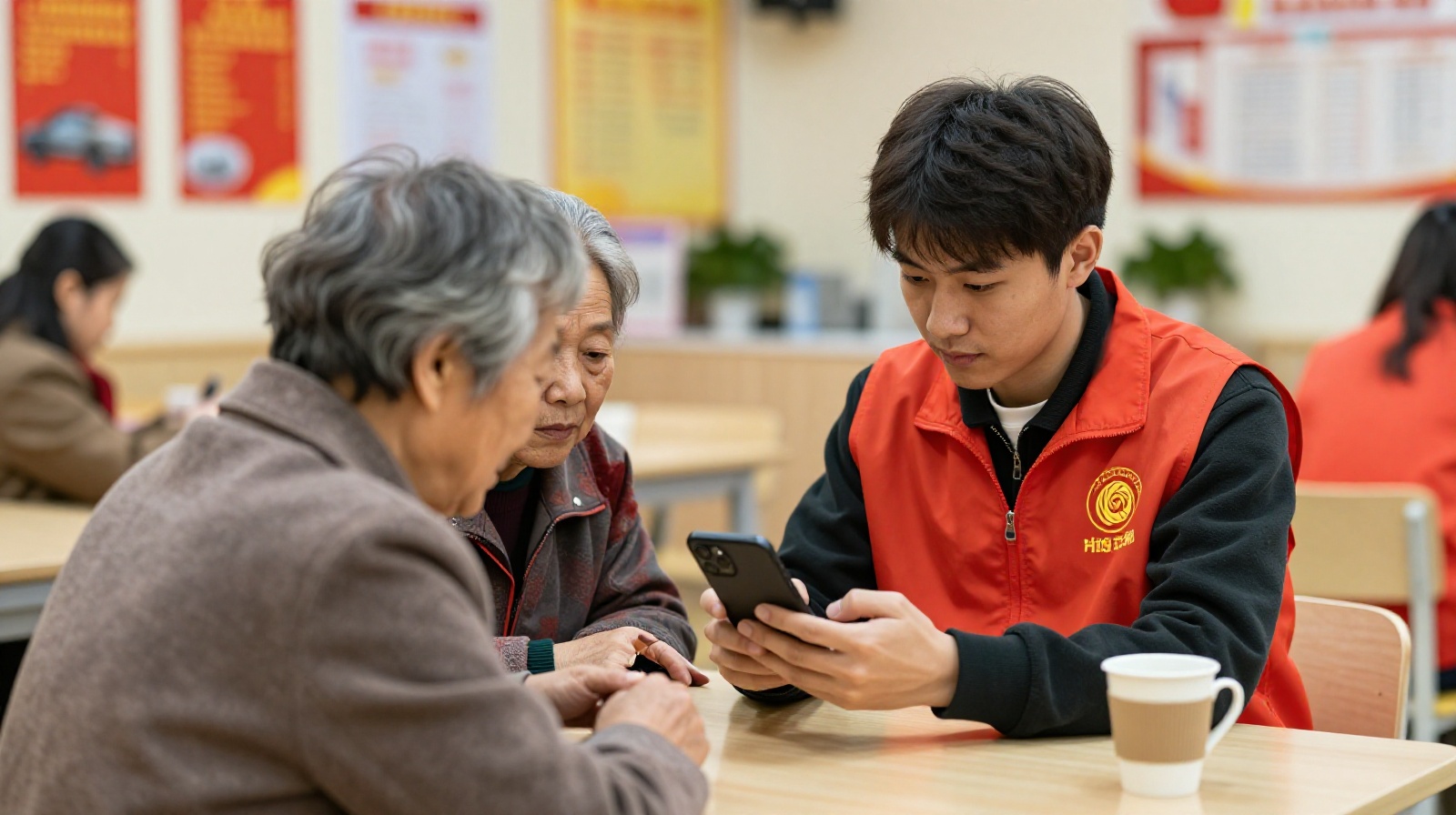 Young volunteer helping a senior citizen learn to use a smart community management app on a smartphone