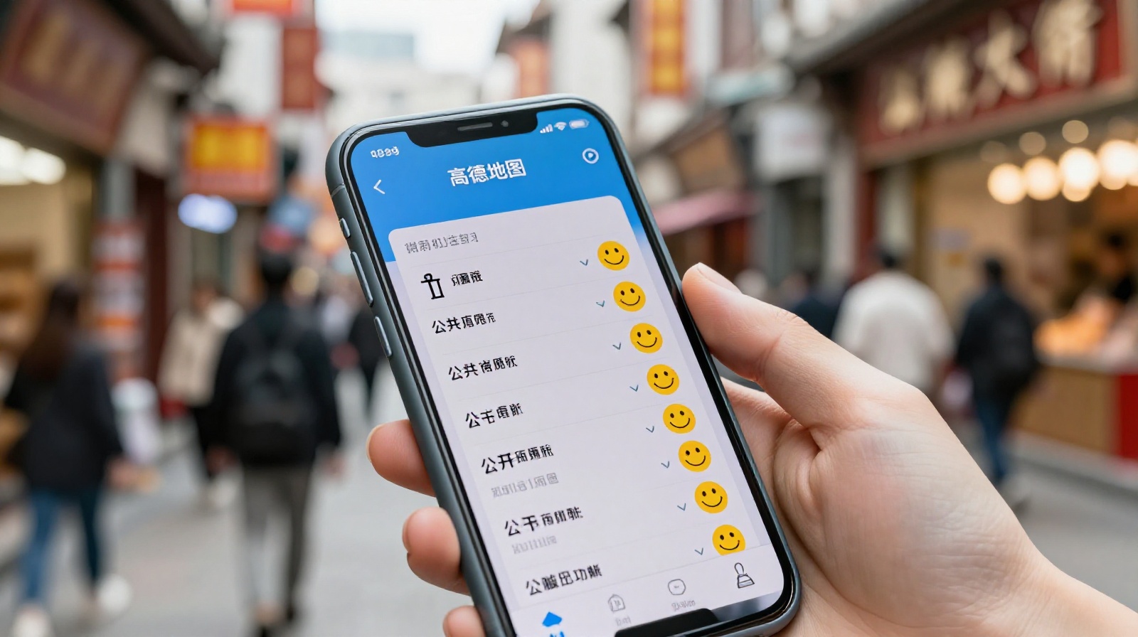 Close-up of a person using a smartphone map app to locate nearby public restrooms on a busy city street in China