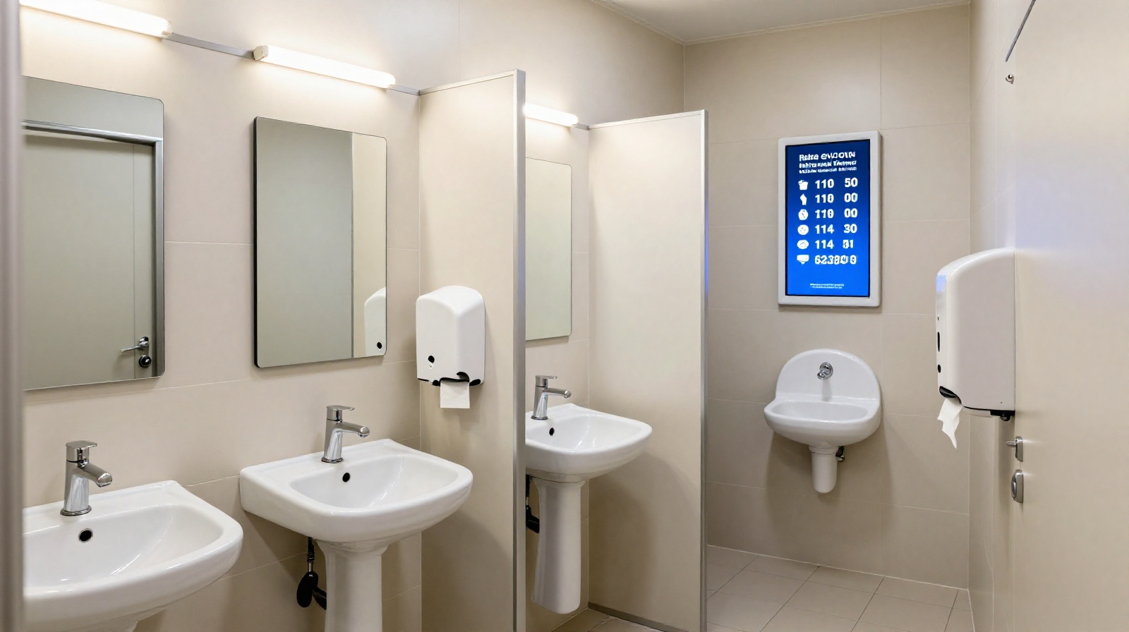 Modern and clean interior of a smart public toilet facility in China with digital signage