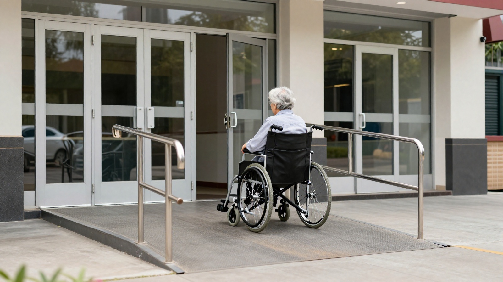 Accessible entrance to a public facility in China featuring ramps and handrails for people with disabilities