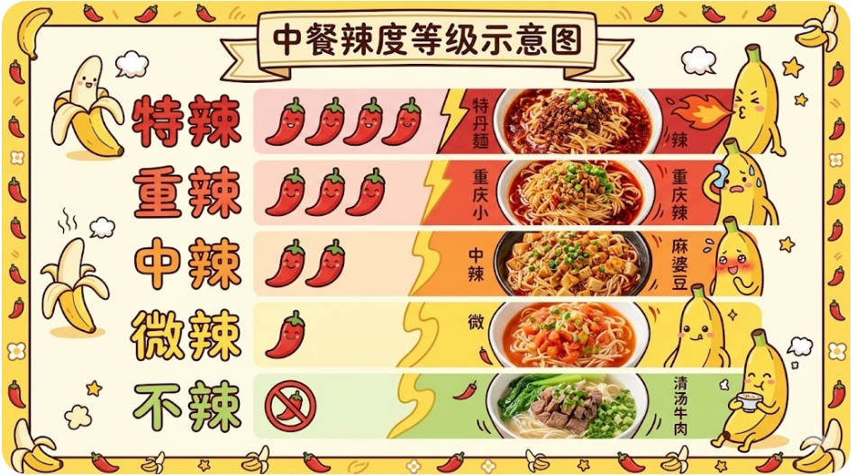 Screenshot of a food delivery app menu highlighting spice level settings and dish descriptions in Chinese