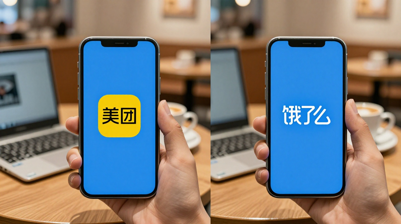 Two smartphones displaying the yellow Meituan logo and the blue Ele.me logo side by side on a cafe table