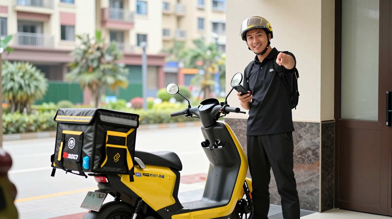 A friendly food delivery rider in a yellow uniform standing by his electric scooter in a residential lobby
