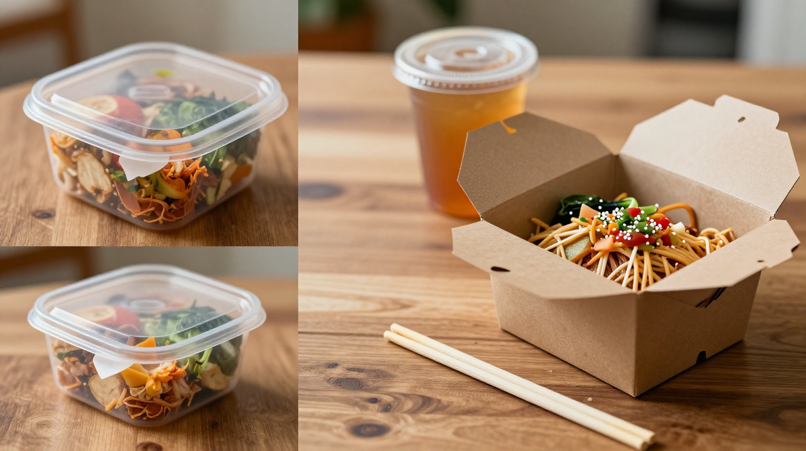 Three open food delivery bags and boxes containing hot meals placed on a wooden dining table