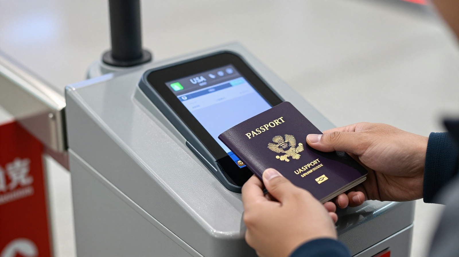 Passenger using passport for facial recognition entry at China high-speed rail station