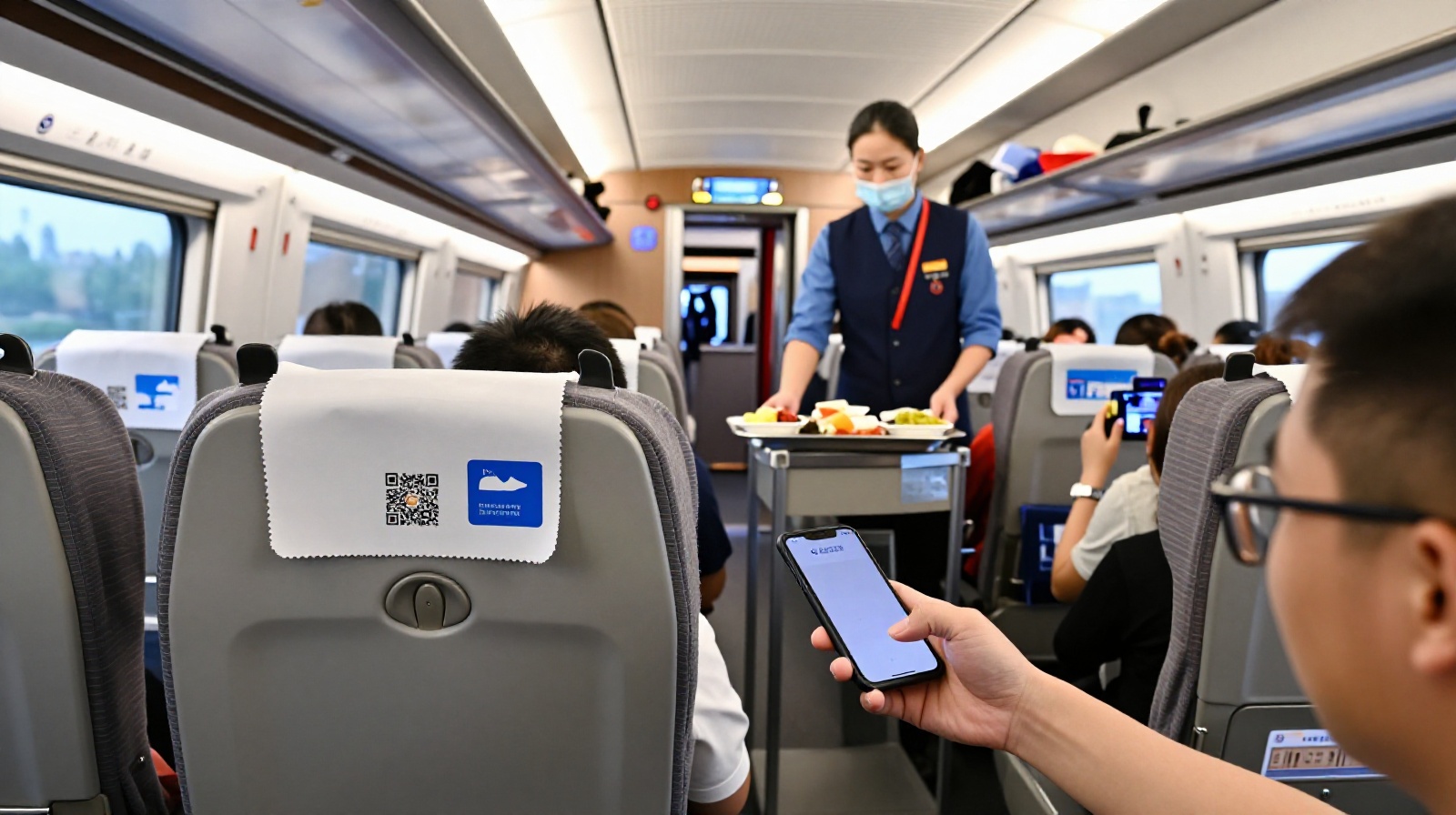 Passenger ordering food via QR code on a Chinese bullet train and receiving delivery at their seat