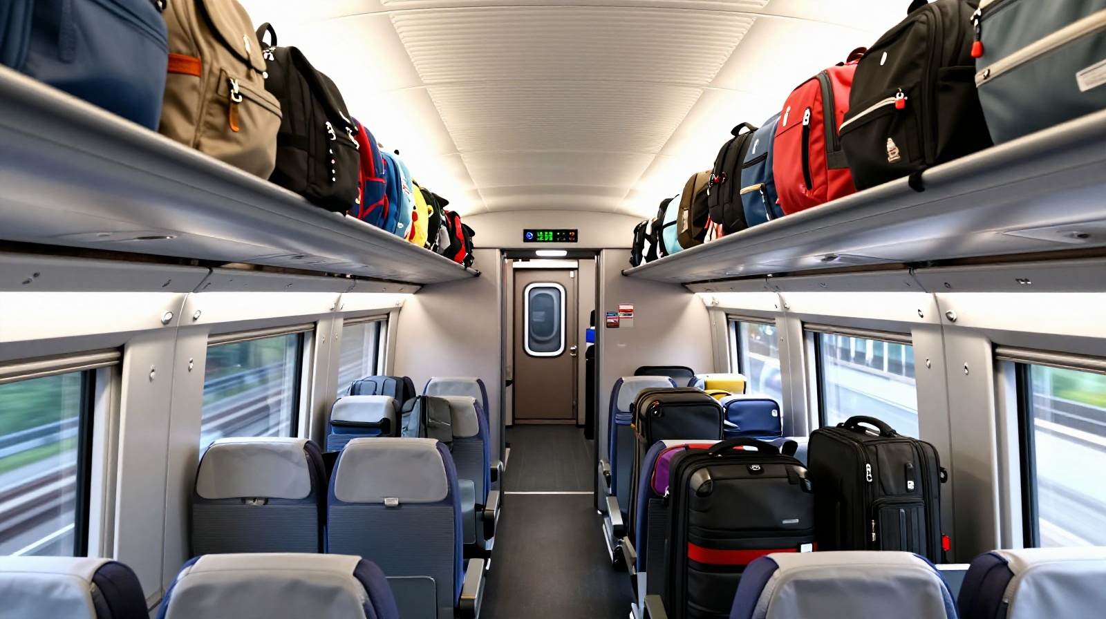 Luggage storage areas including overhead racks and end-of-carriage space on a Chinese high-speed train