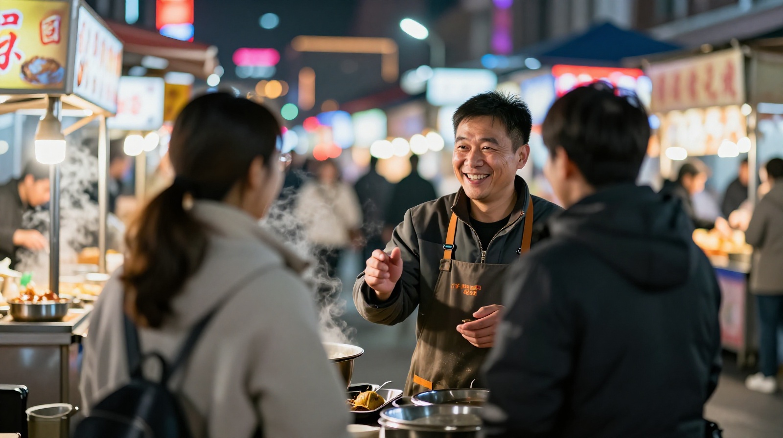 A friendly Chinese street vendor smiling and negotiating prices with a tourist in a bustling night market illuminated by warm lanterns