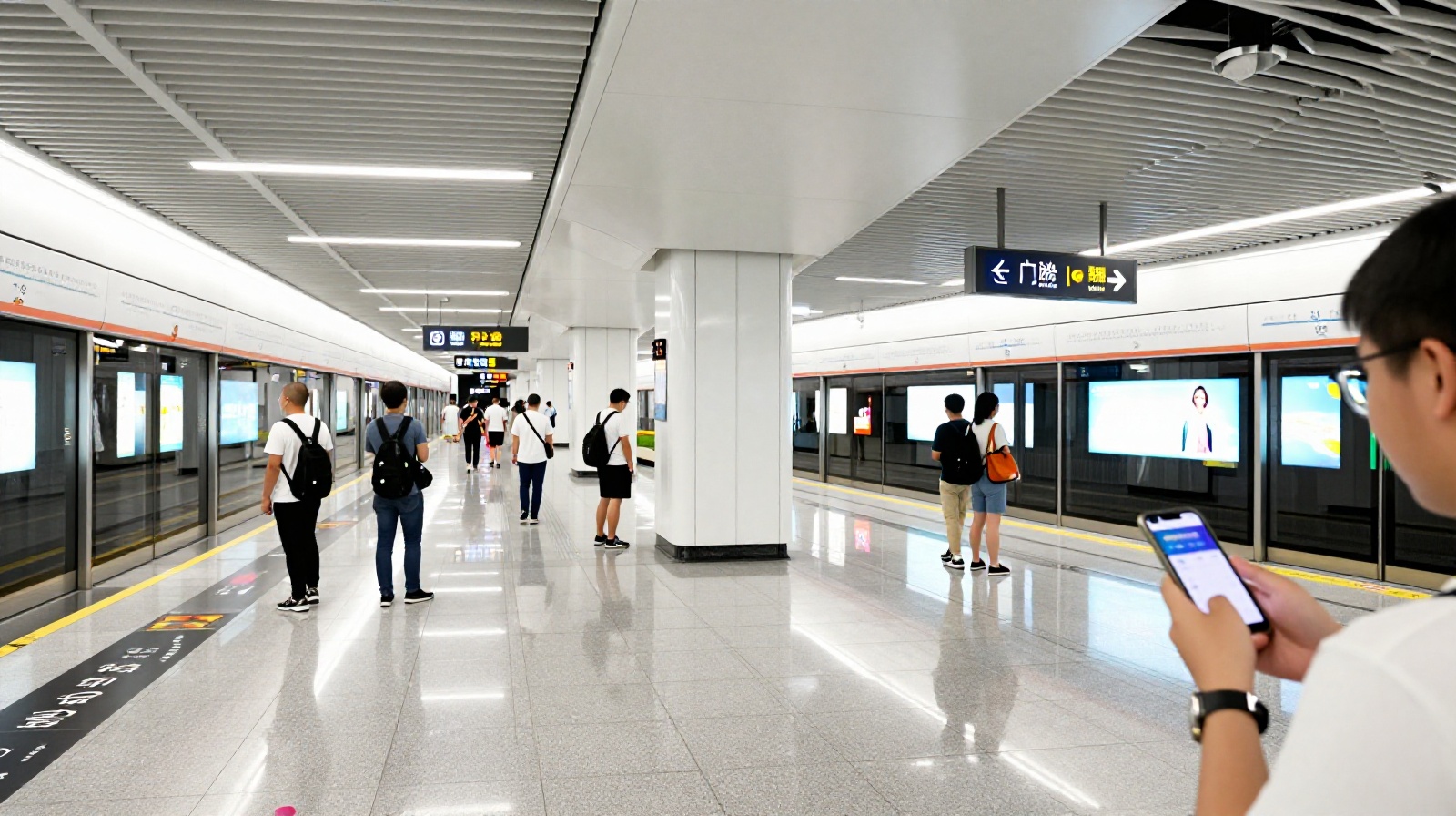 Travelers in a modern Chinese subway station using a smartphone for translation while navigating the city