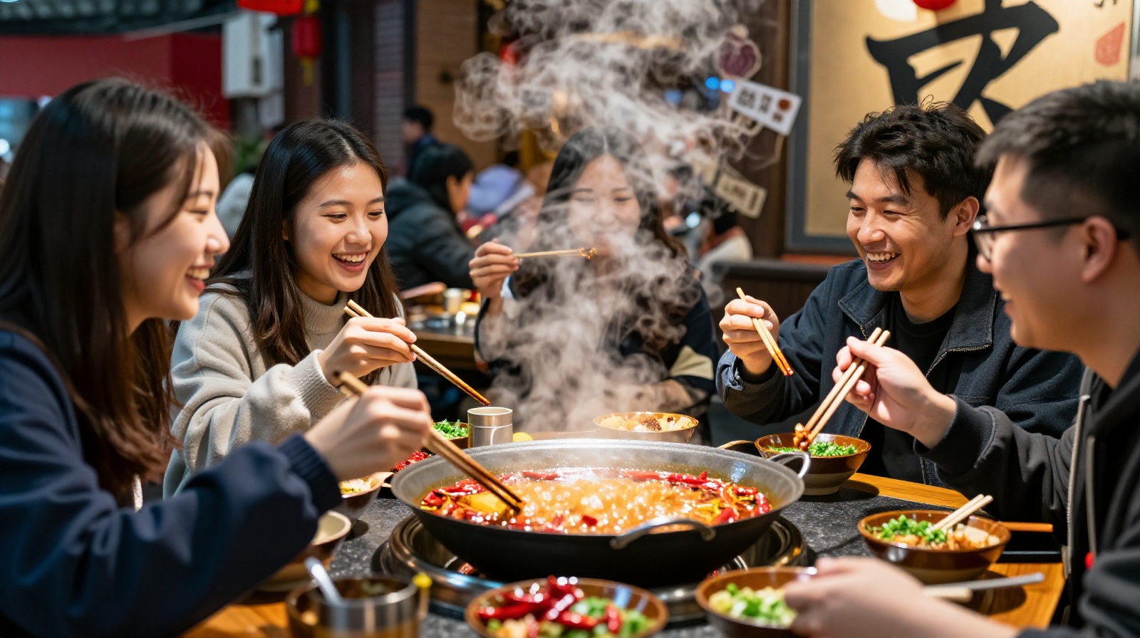 Travelers eating authentic spicy noodles and laughing with locals at a busy Chinese street food market