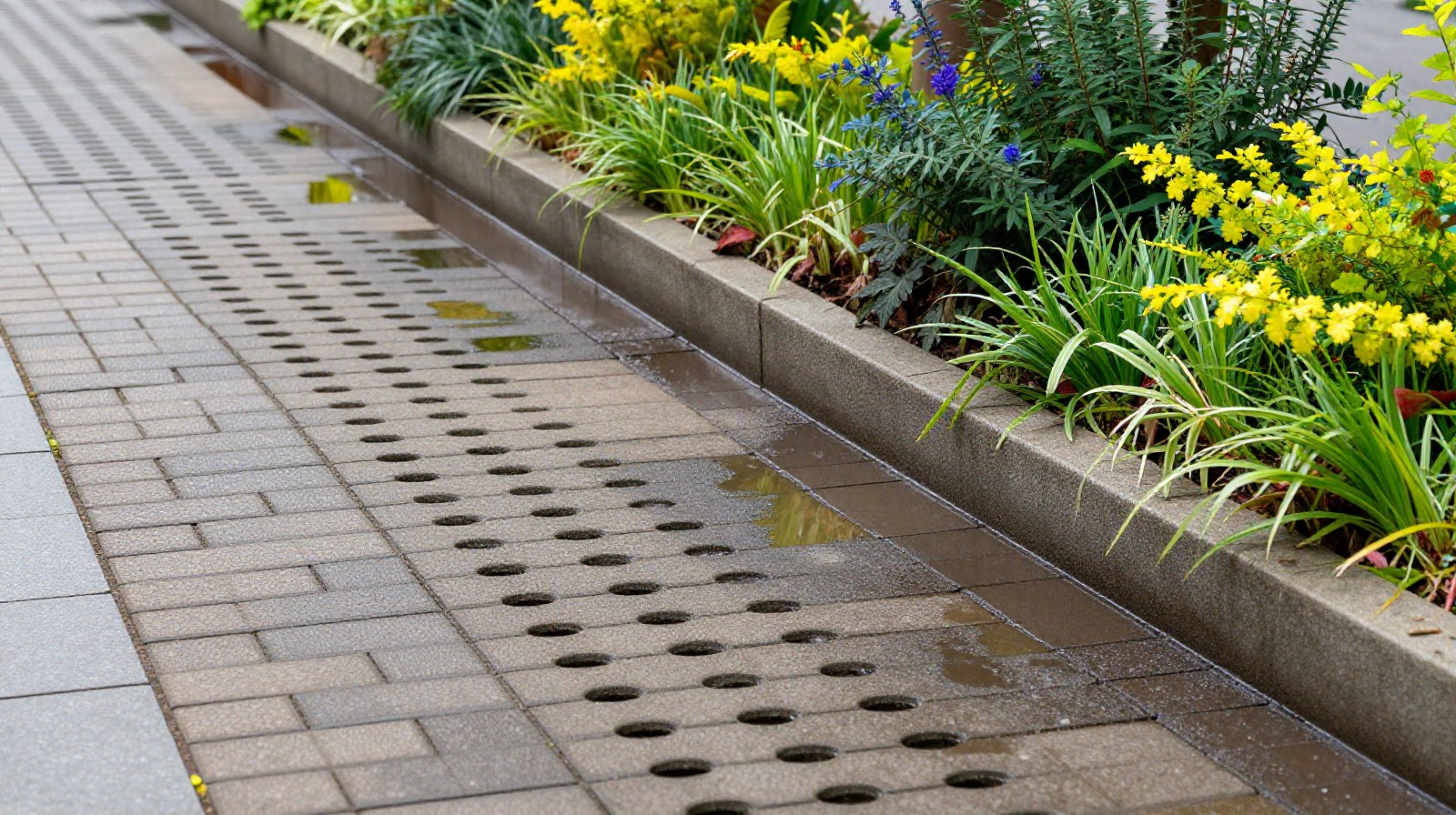 A close-up view of permeable pavement and a rain garden in a Chinese city demonstrating Sponge City infrastructure absorbing stormwater