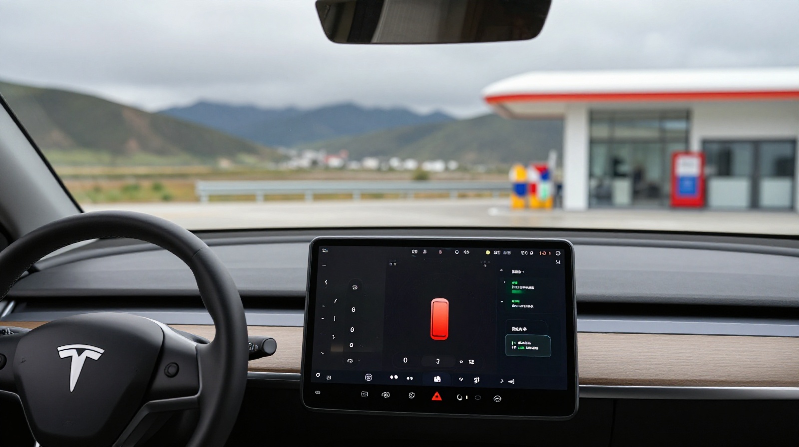 A close-up view of a Tesla Model Y dashboard displaying a low battery warning while parked at a service station in Sichuan, China, with mountains visible through the windshield