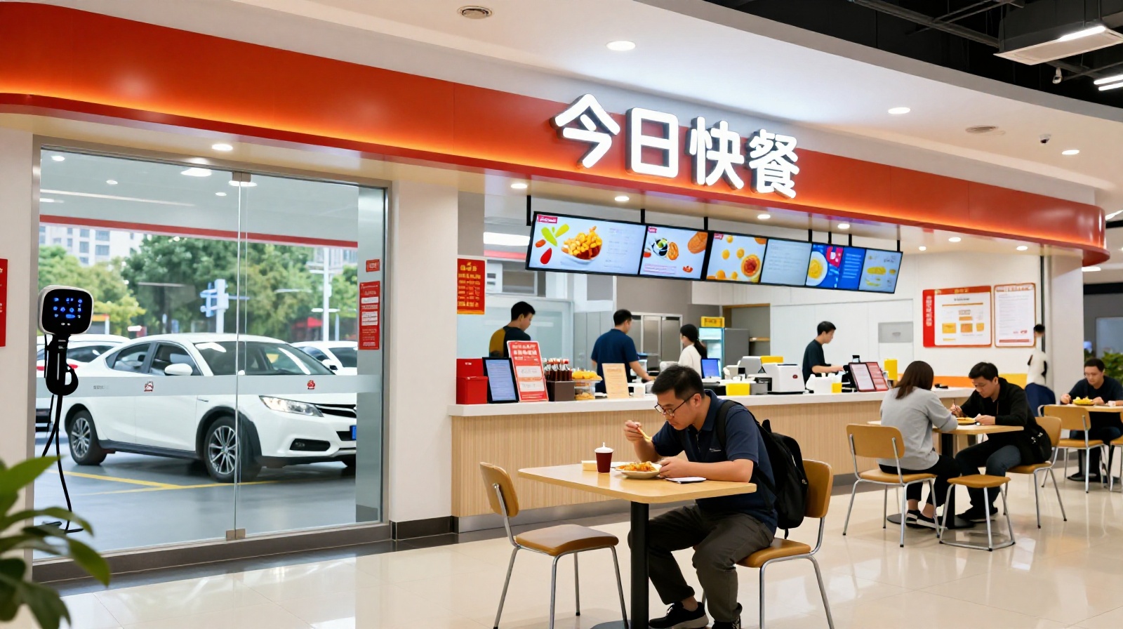 A traveler enjoying a meal inside a highway rest stop cafe while their electric vehicle charges outside, showing the integration of dining and refueling