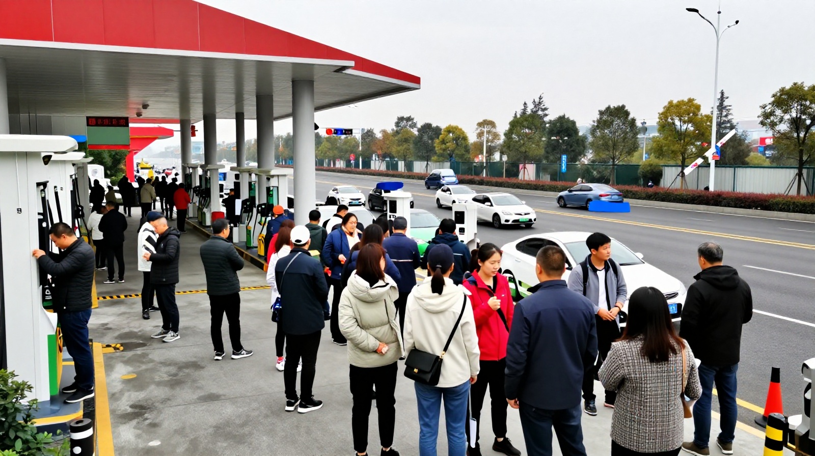 A busy queue of electric vehicle drivers waiting for charging spots at a Chinese service station during a national holiday