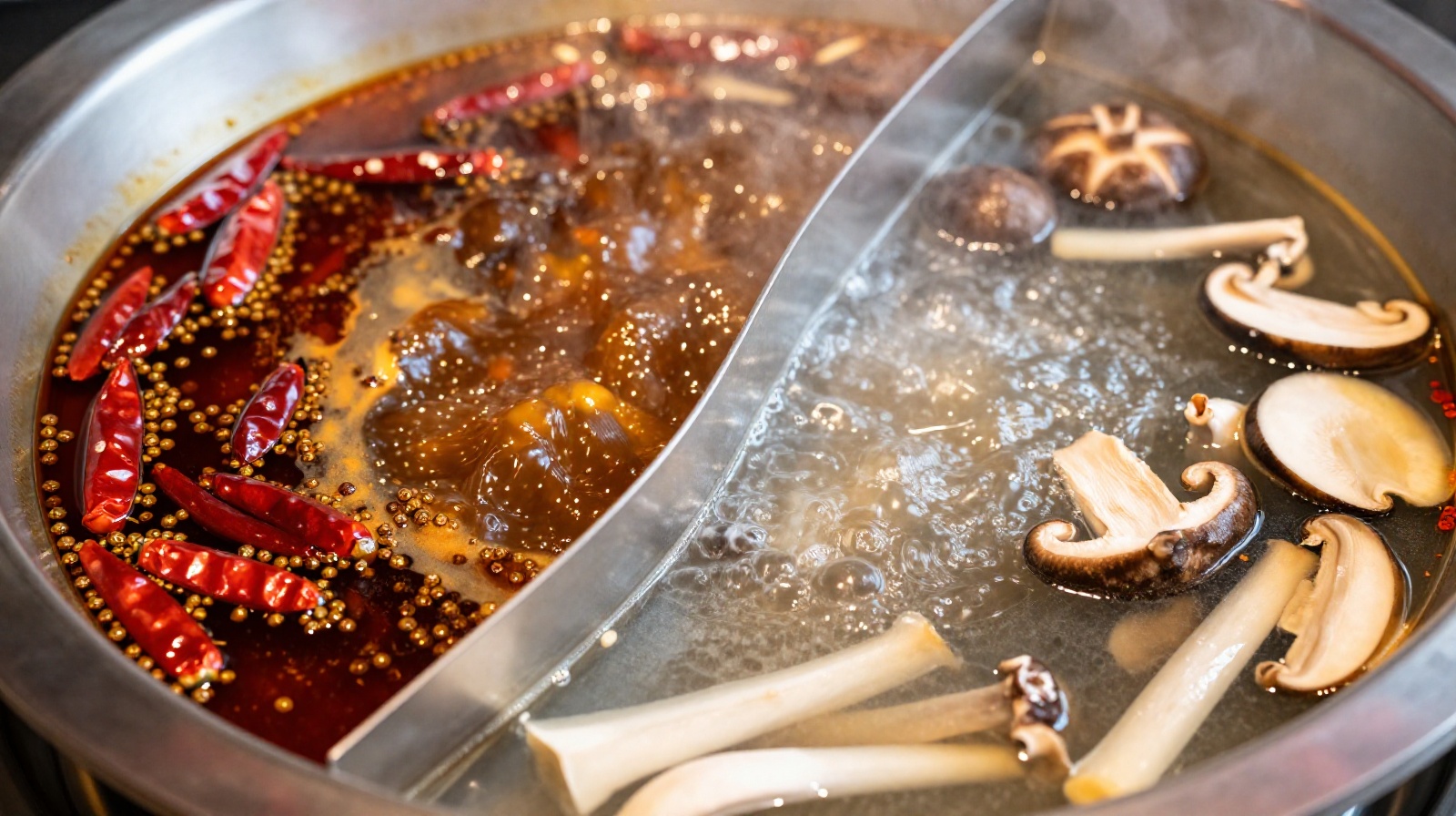 A close-up view of a divided hot pot with spicy red chili broth on one side and clear mushroom broth on the other, steam rising from the boiling liquid