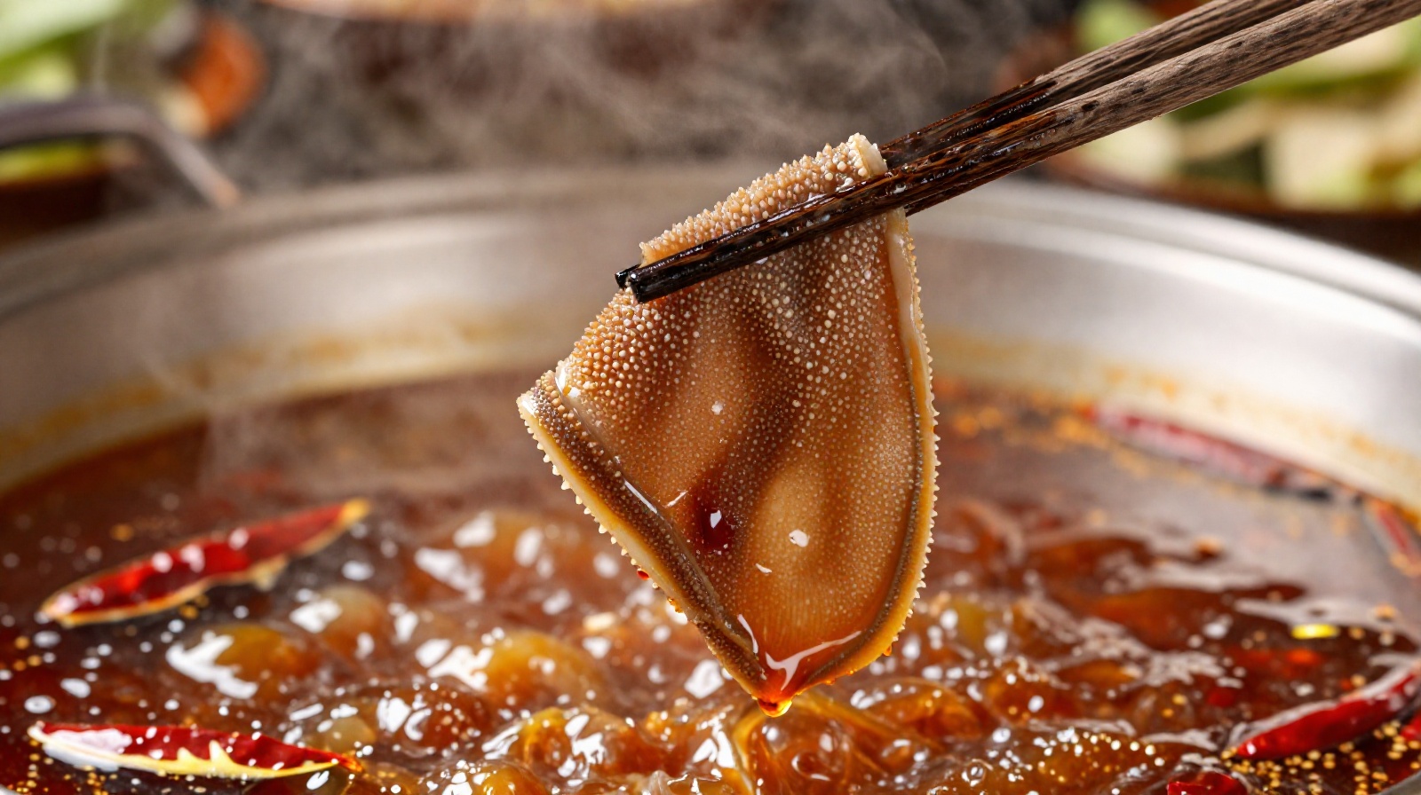 Chopsticks dipping a slice of fresh beef tripe into a bubbling spicy hot pot broth