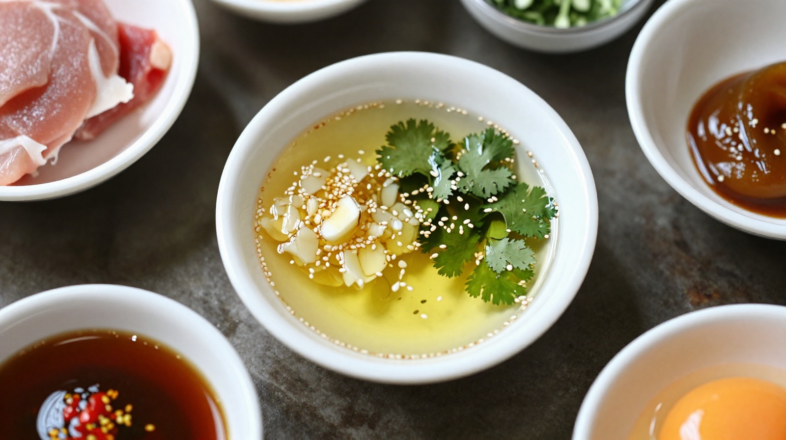A close-up of a homemade hot pot sauce bowl with sesame oil, garlic, and cilantro ready for dipping