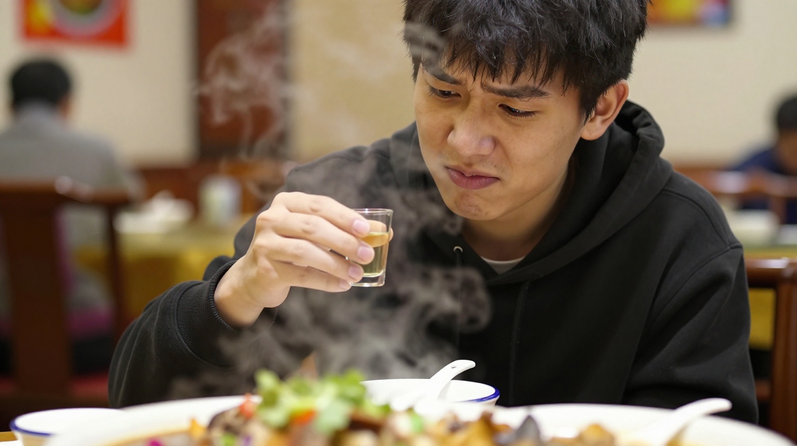 A foreign visitor nervously but politely raising a glass during a Chinese dinner toast