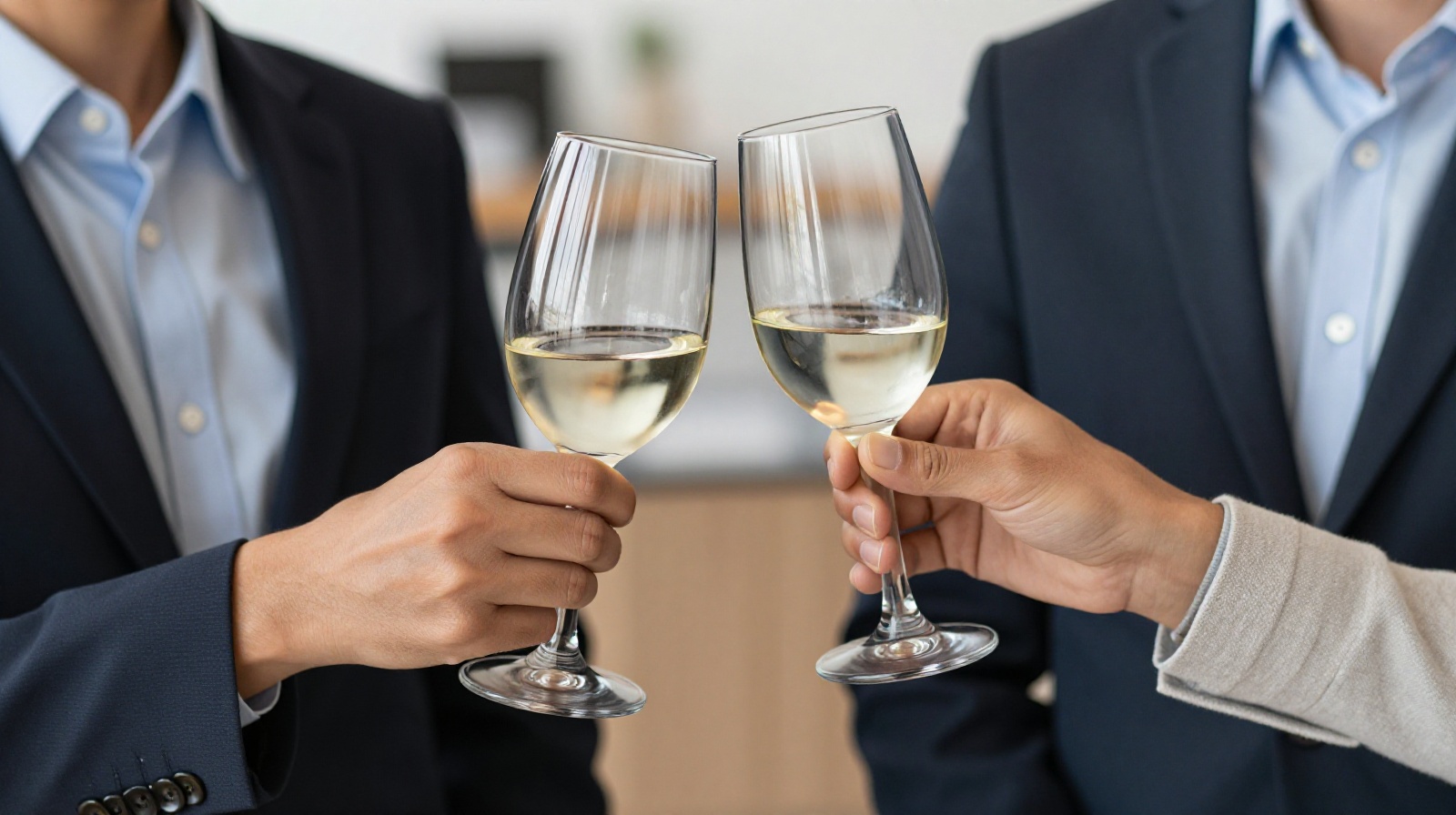 Business colleagues practicing proper glass height etiquette during a toast in China