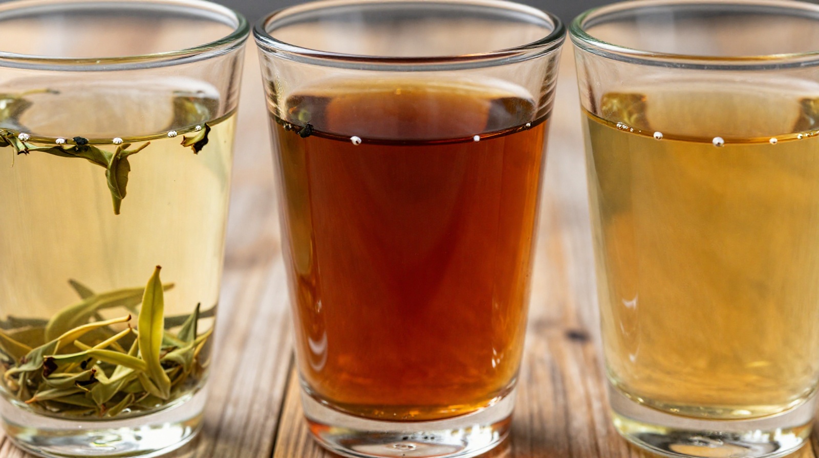 Three glass cups displaying the distinct colors of brewed Chinese green tea, black tea, and oolong tea side by side on a wooden table