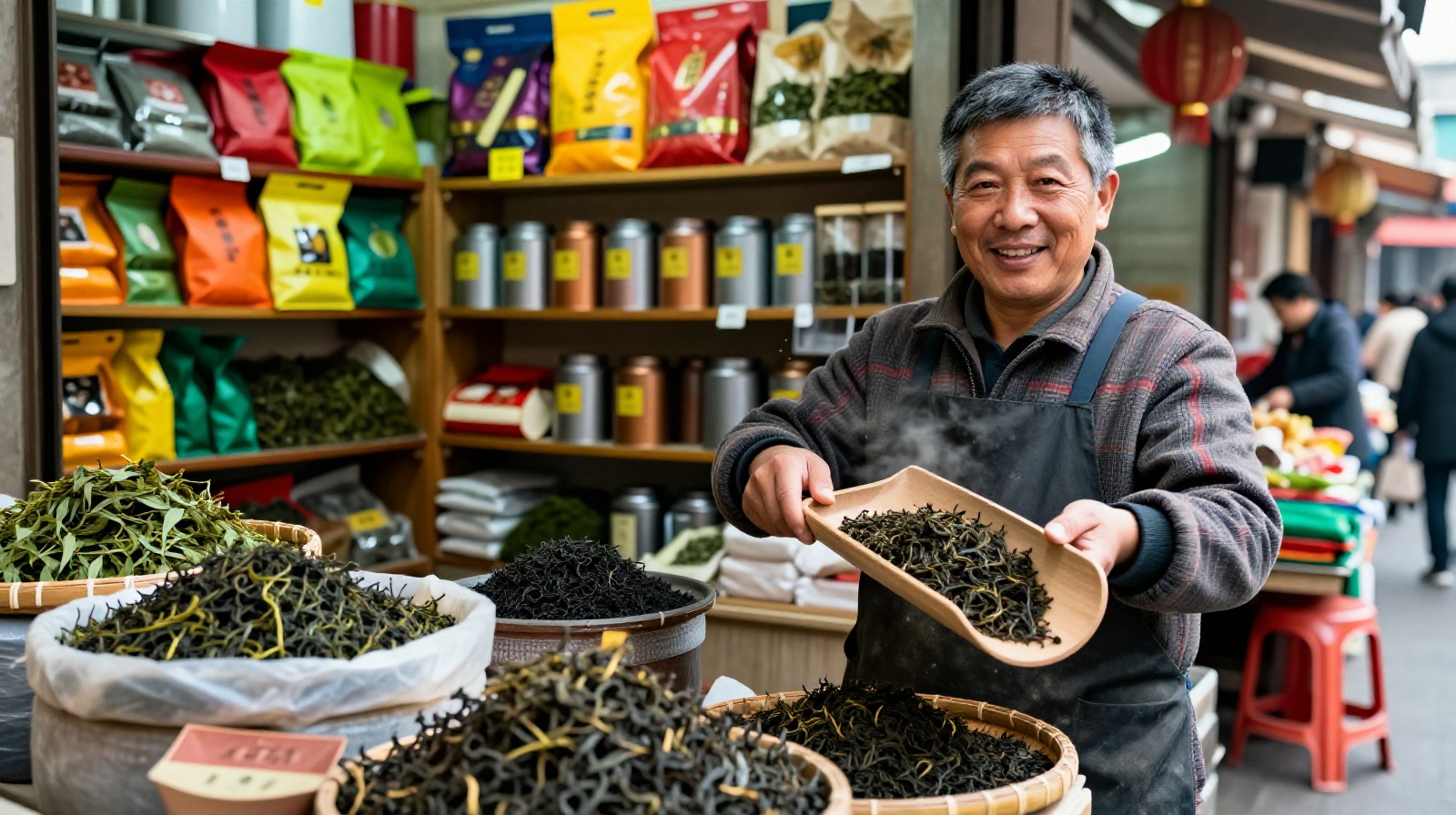 Local vendor selling loose leaf Chinese teas at an outdoor market stall