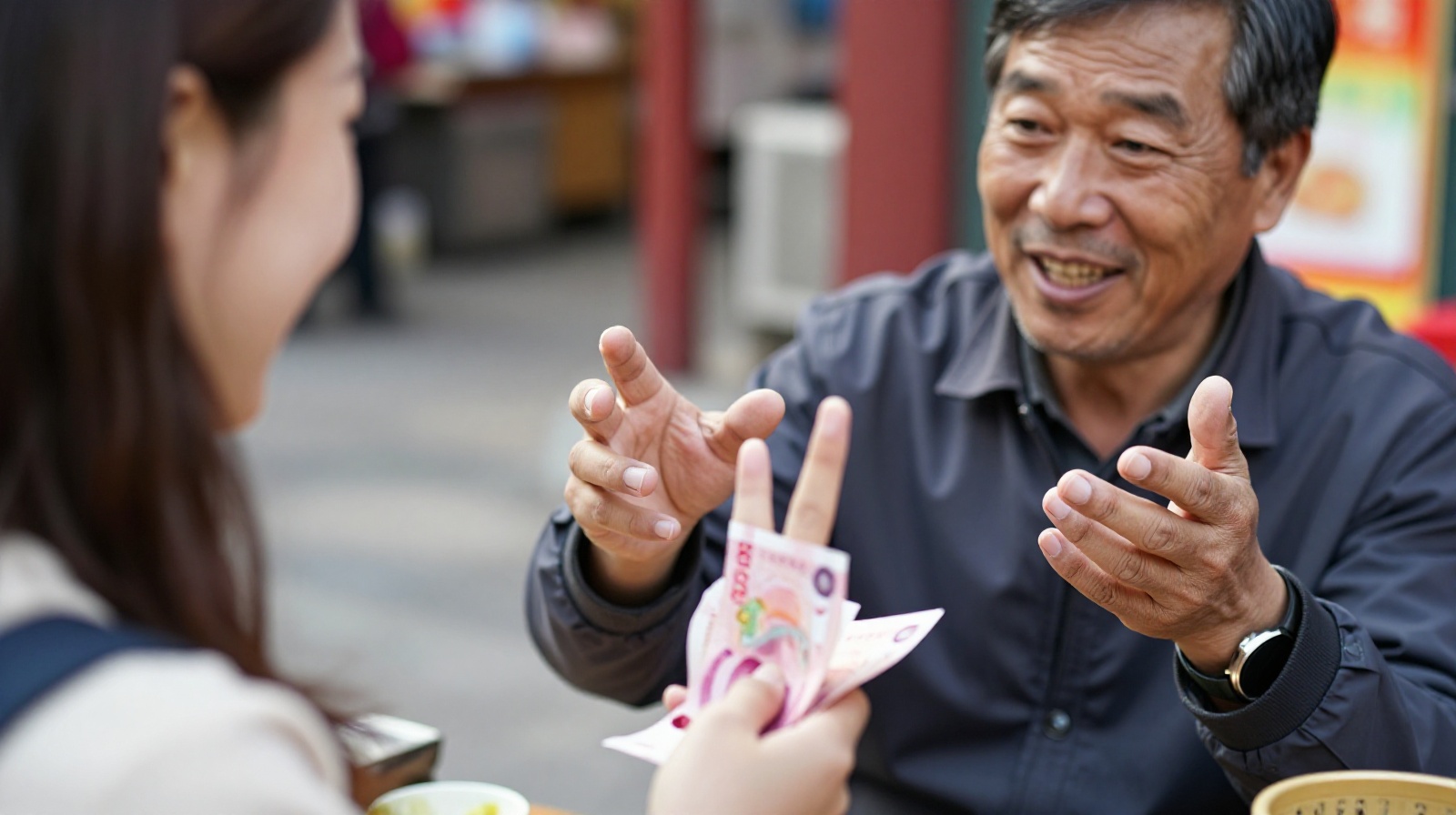 Tourist negotiating price with a friendly Chinese street vendor at an outdoor market