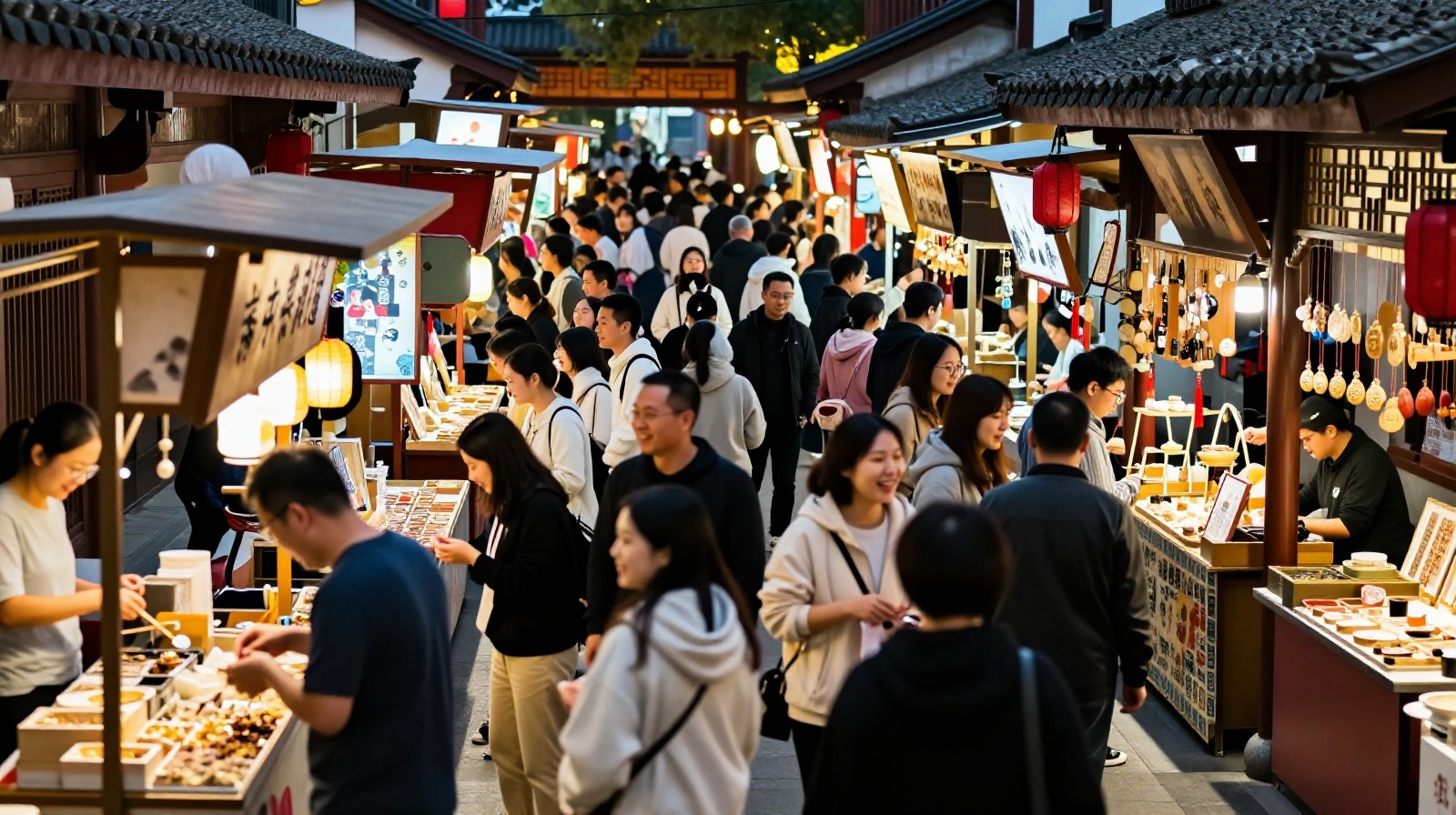 Bustling Chinese night market scene with shoppers and vendors interacting