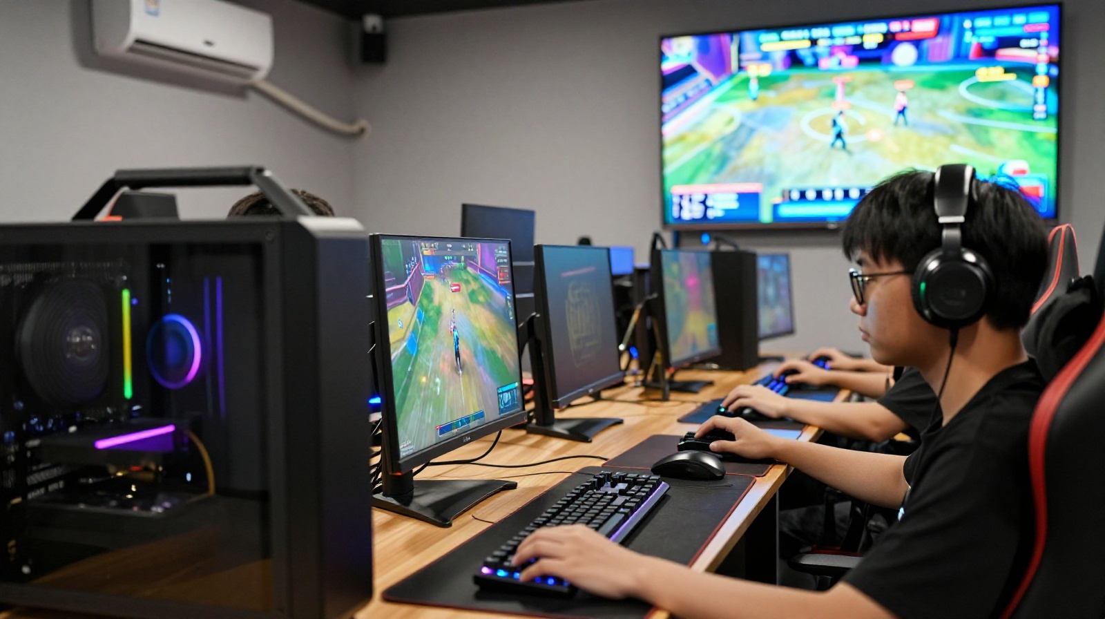 Young gamers playing at high-end computers in a bright, modern Shanghai internet cafe with a large screen displaying an esports tournament