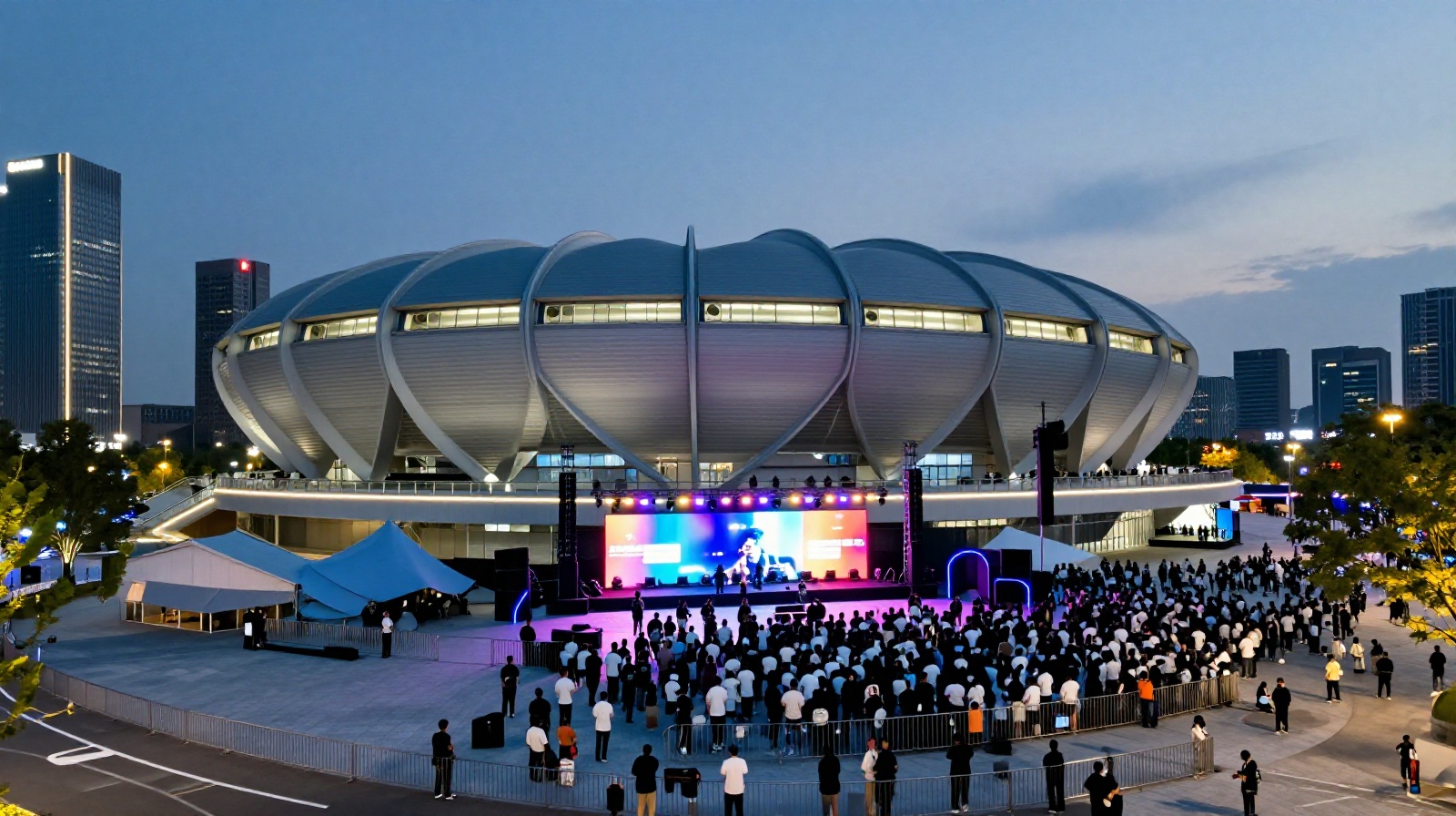 Mercedes-Benz Arena in Shanghai hosting a large crowd for a major esports tournament at dusk