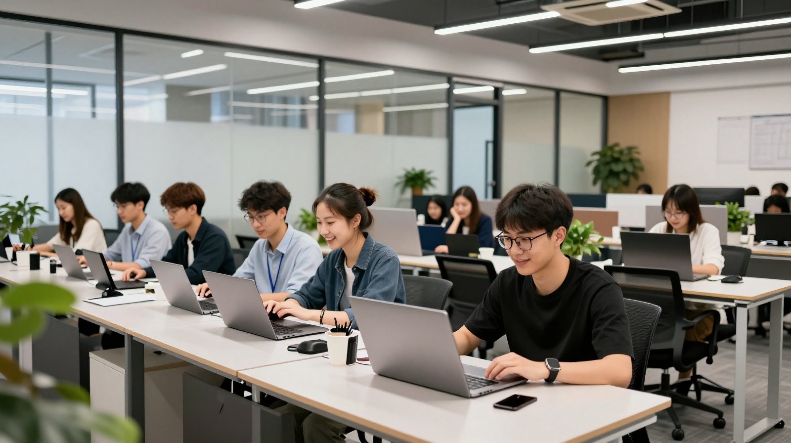 Content creators and tech workers setting up streaming rigs in a Shanghai co-working space