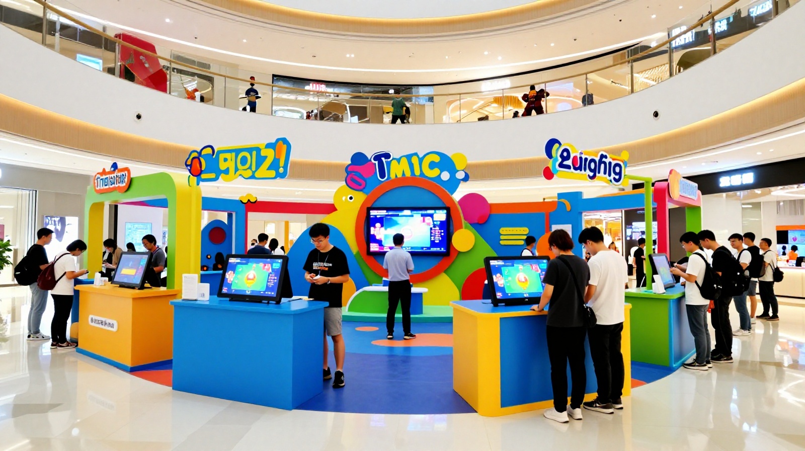Mobile gaming festival pop-up inside a modern Shanghai shopping mall with visitors playing on tablets