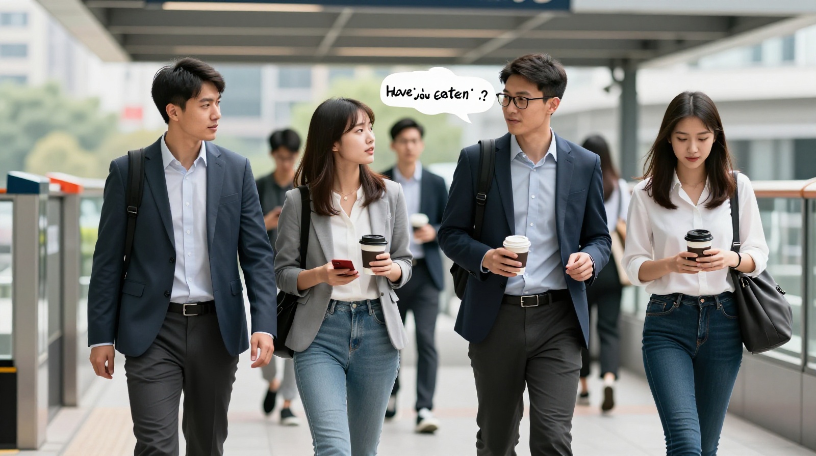 Young office workers in Beijing greeting each other with a casual 'Have you eaten' before heading to work