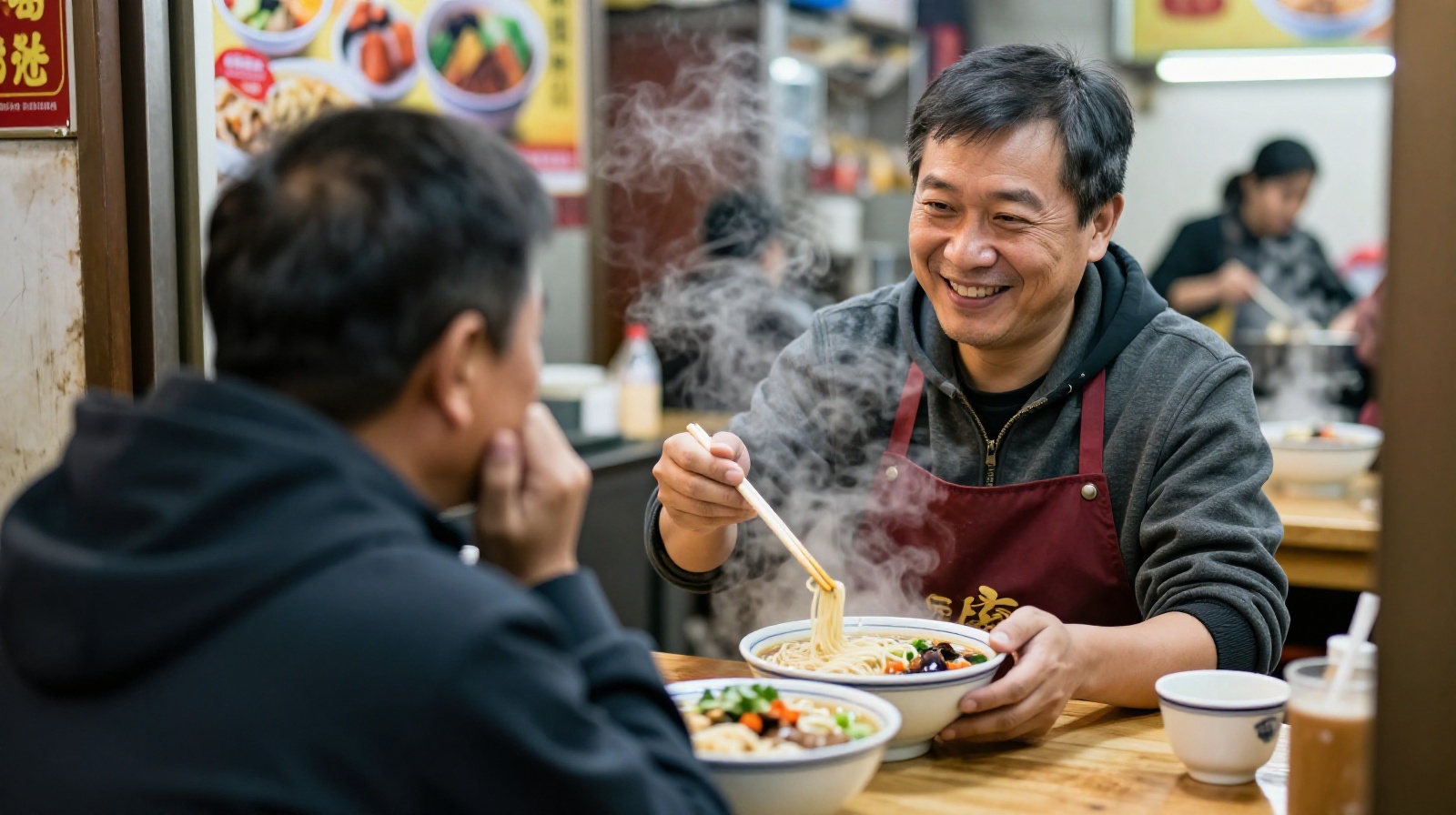 A traveler smiling and answering 'Yes, I have' to a Chinese street food vendor asking about their meal