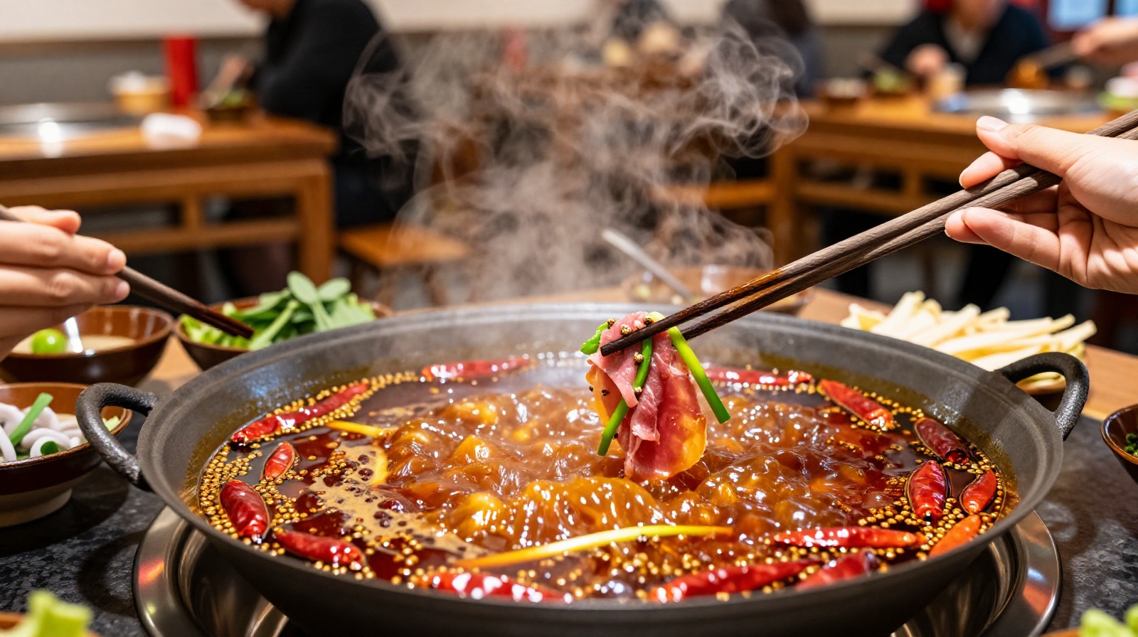 Diners enjoying spicy Sichuan hot pot at a bustling local restaurant in Chengdu