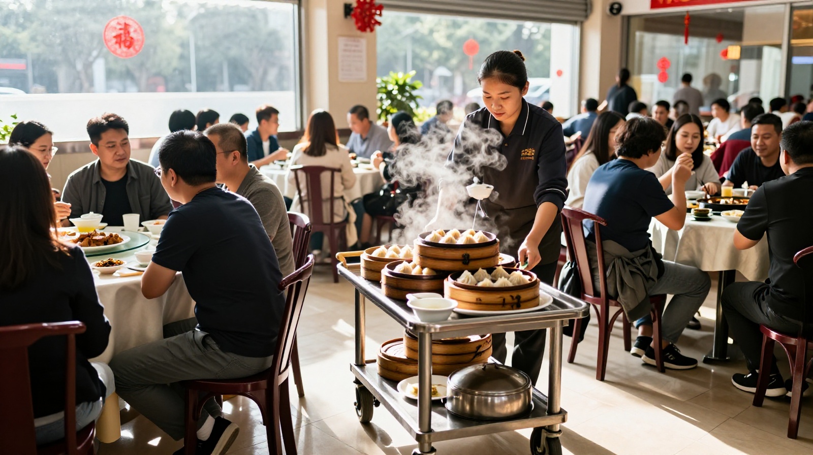 Morning Dim Sum service at a traditional tea house in Guangzhou