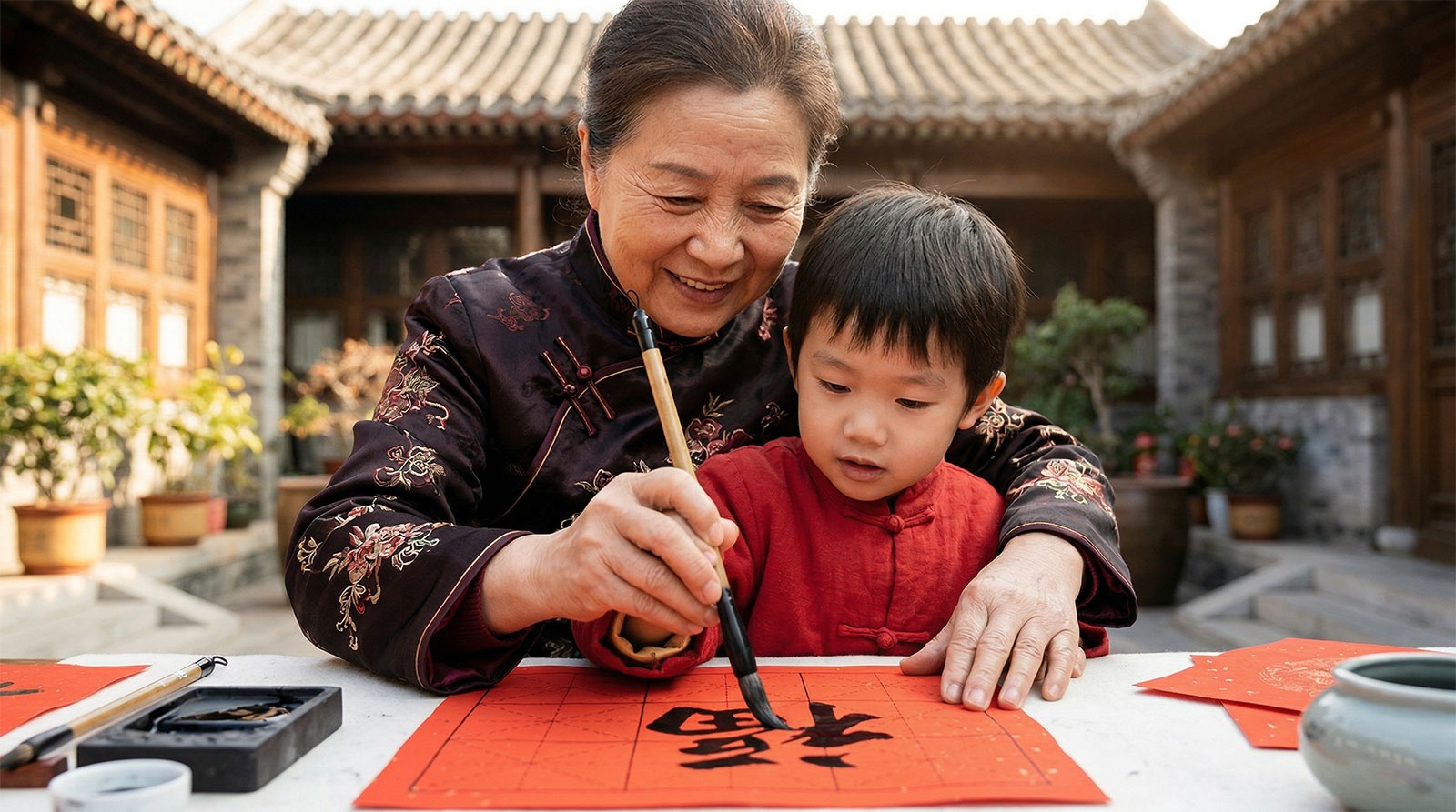 Close up of a Chinese grandmother teaching a child calligraphy on red paper representing family tradition and face