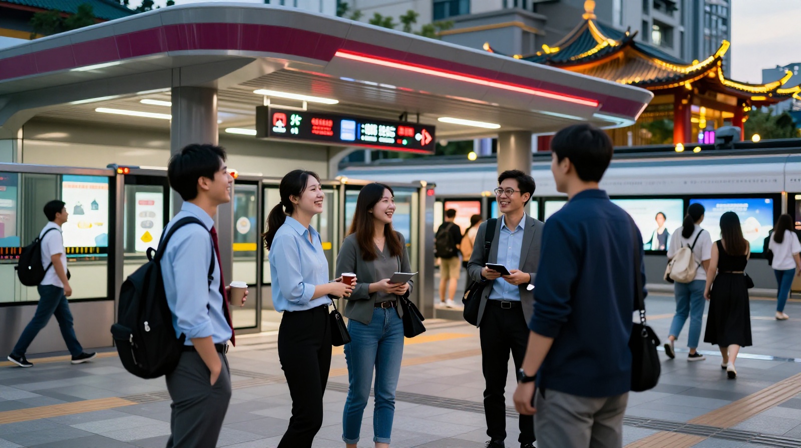Young Chinese professionals chatting happily on a modern city street at night