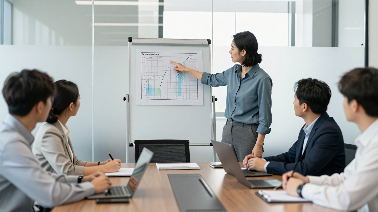 Collaborative business meeting in a modern Chinese office with constructive feedback