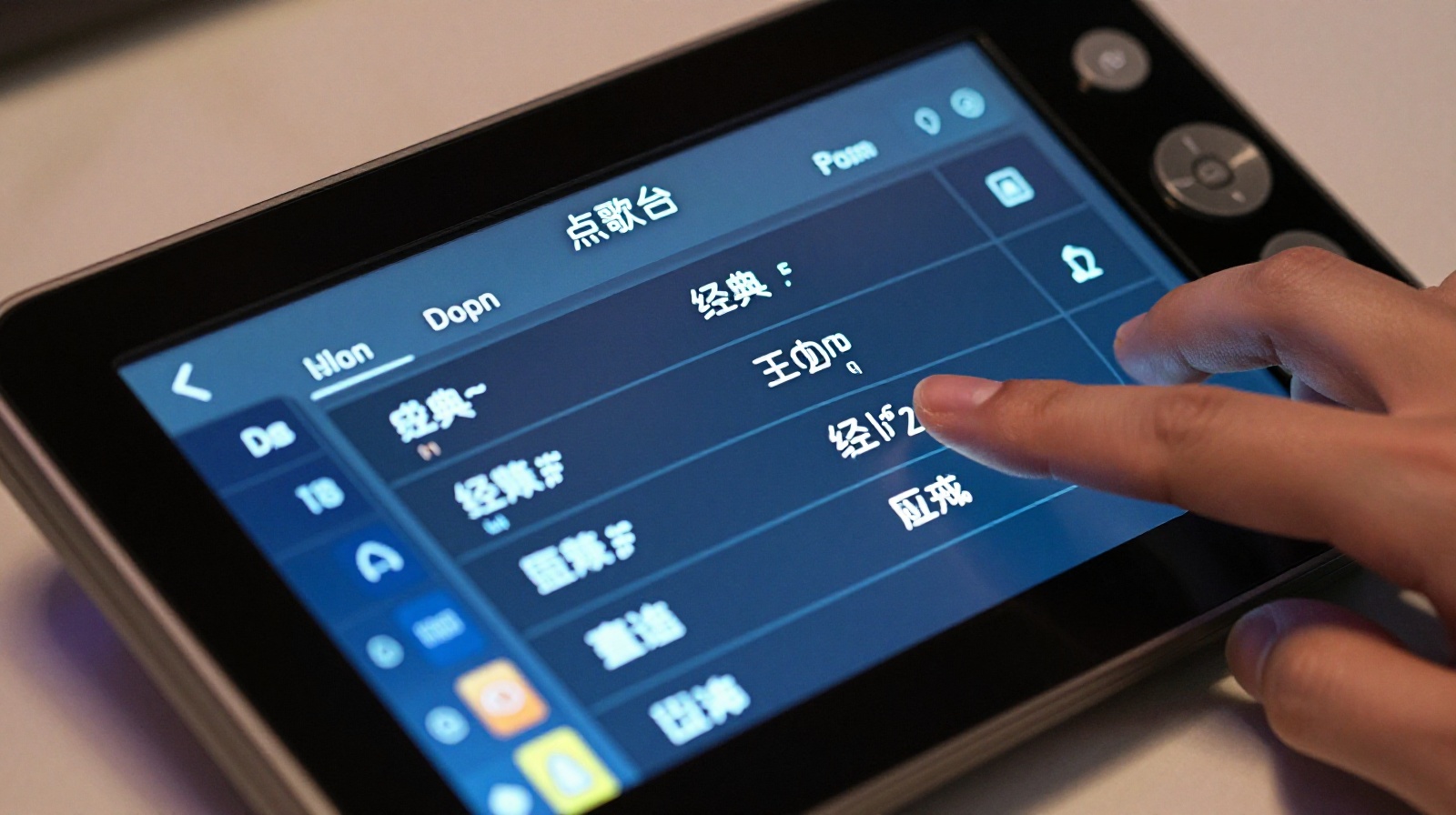 A close-up of a modern KTV touchscreen remote control displaying a Chinese song selection menu with categories for pop music and duets.