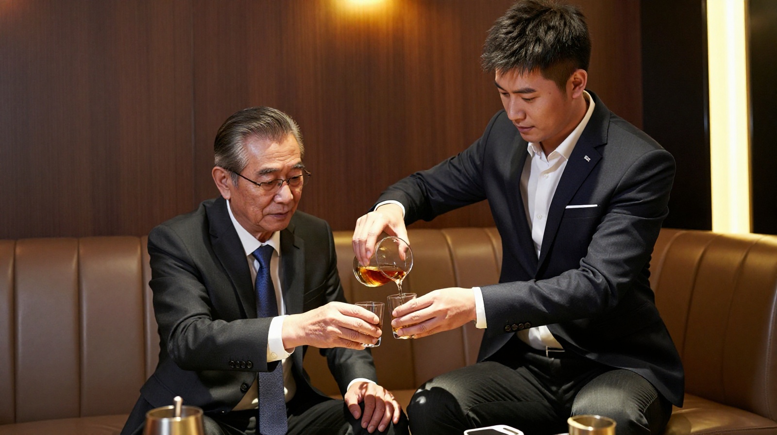 A business professional pouring a drink for a senior colleague in a KTV room to show respect during a networking event.