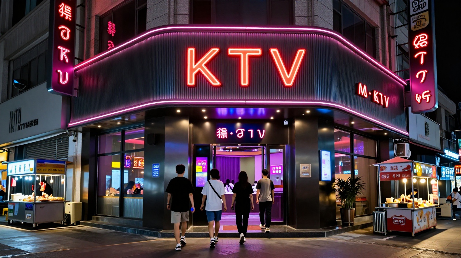 The exterior of a popular KTV venue at night in a busy Chinese city, illuminated by neon lights and surrounded by street activity.