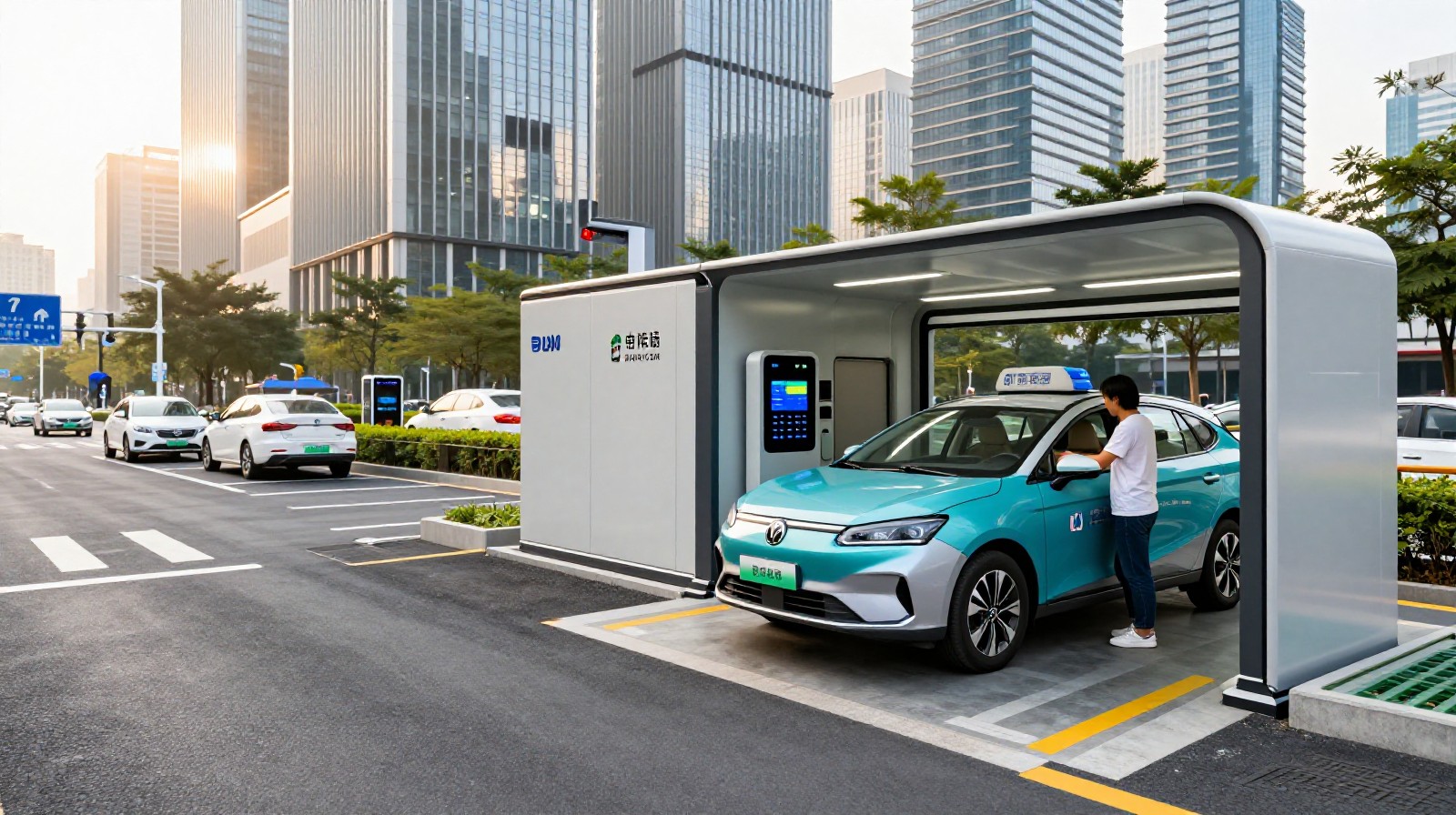 An electric taxi entering a compact glass-walled battery swap station on a busy Chinese city street during morning rush hour