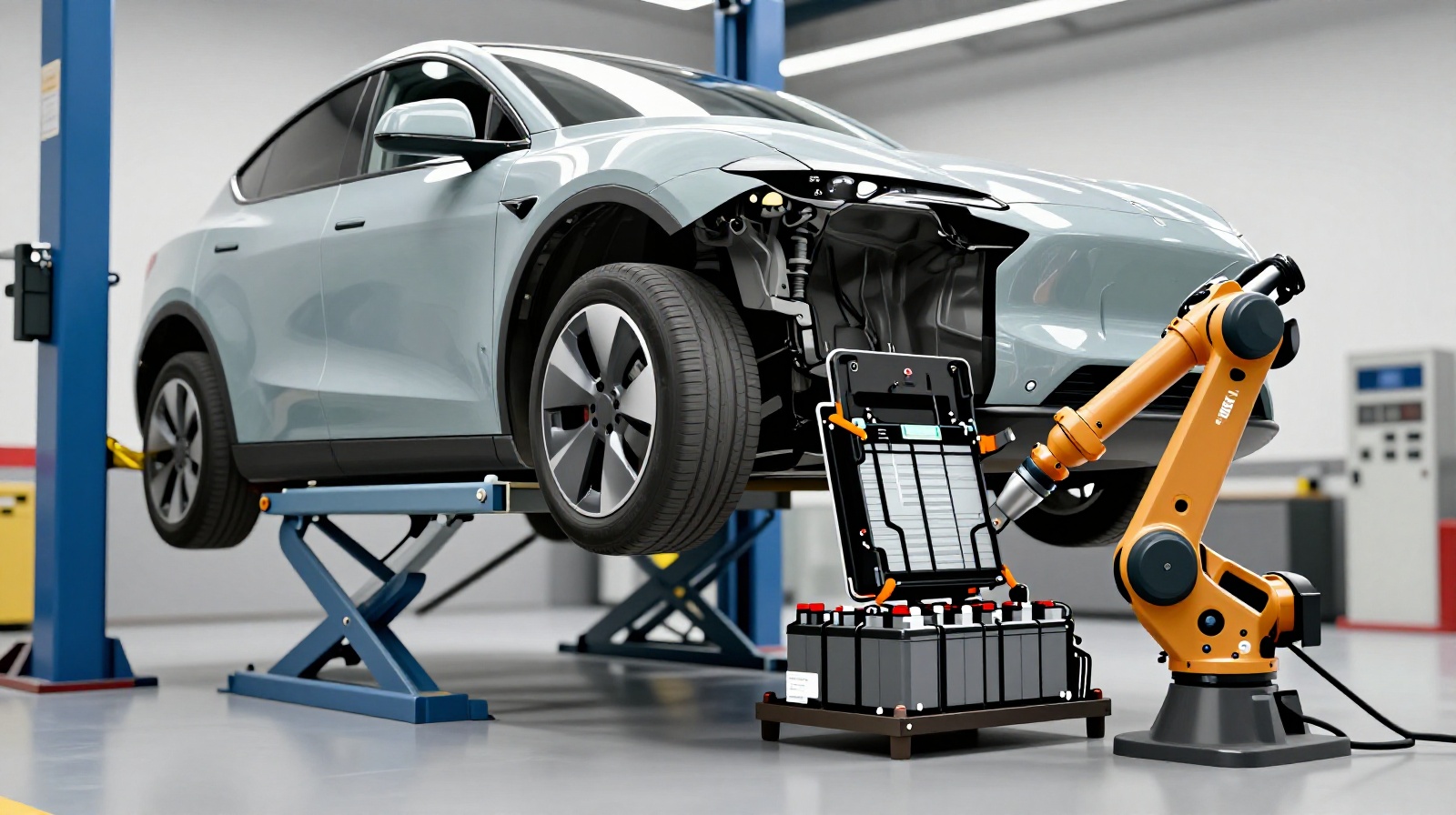 Mechanical process of lifting an electric vehicle to replace its battery pack at a service station