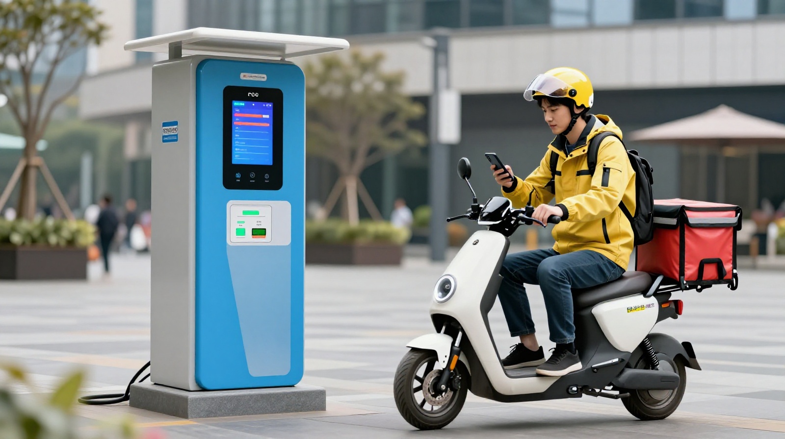 A food delivery rider using a mobile app at an electric vehicle battery swap station in Hangzhou